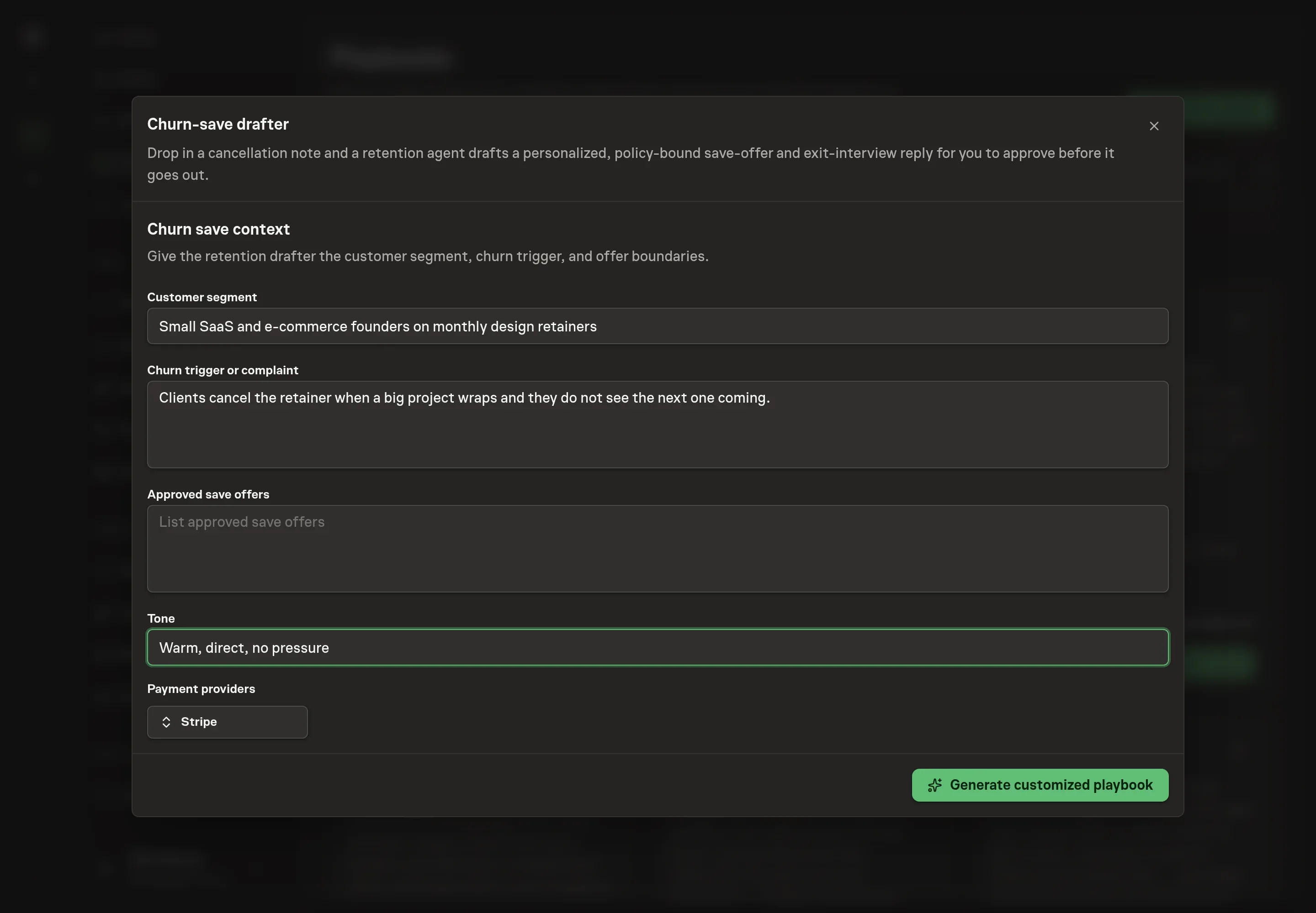 The setup form filled in with a customer segment, the most common churn trigger, a short list of approved save offers, and a tone note