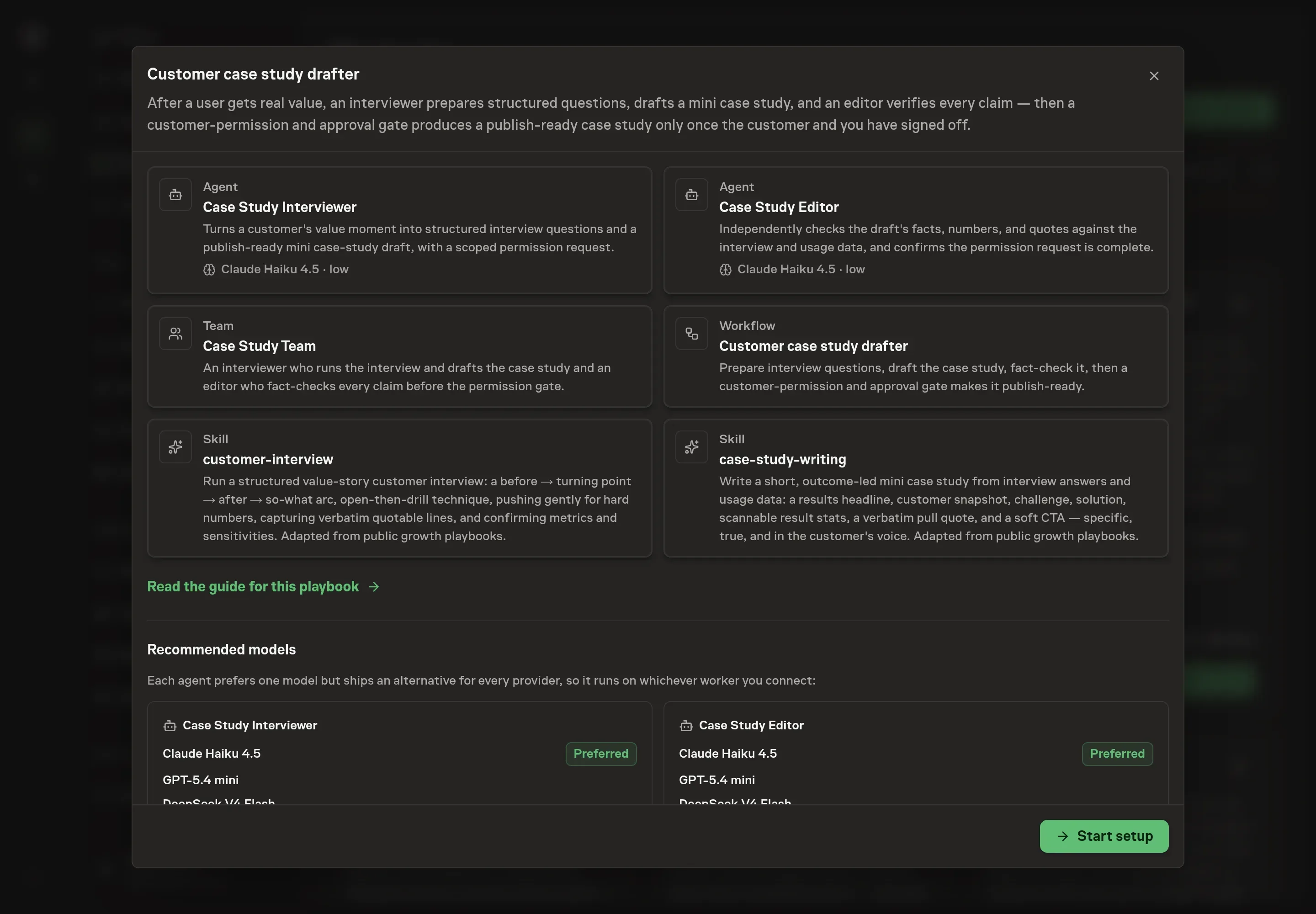 The Customer case study drafter preview listing both agents, the team, both skills, and the four-step workflow ending in the permission gate, with a Start setup button