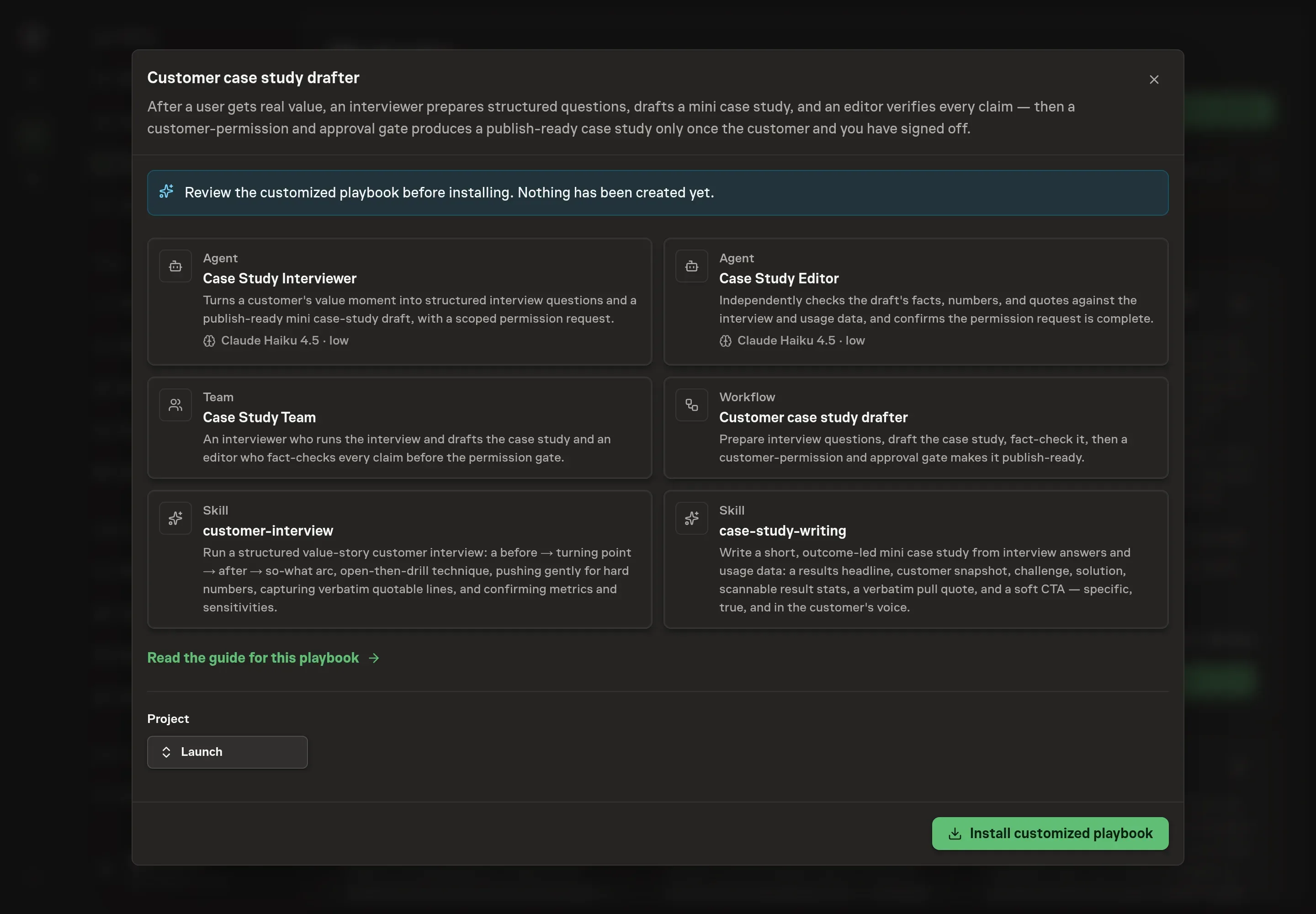 The review step showing the customized interviewer and editor agents, the team, both skills, and the workflow, with a banner confirming nothing has been created yet