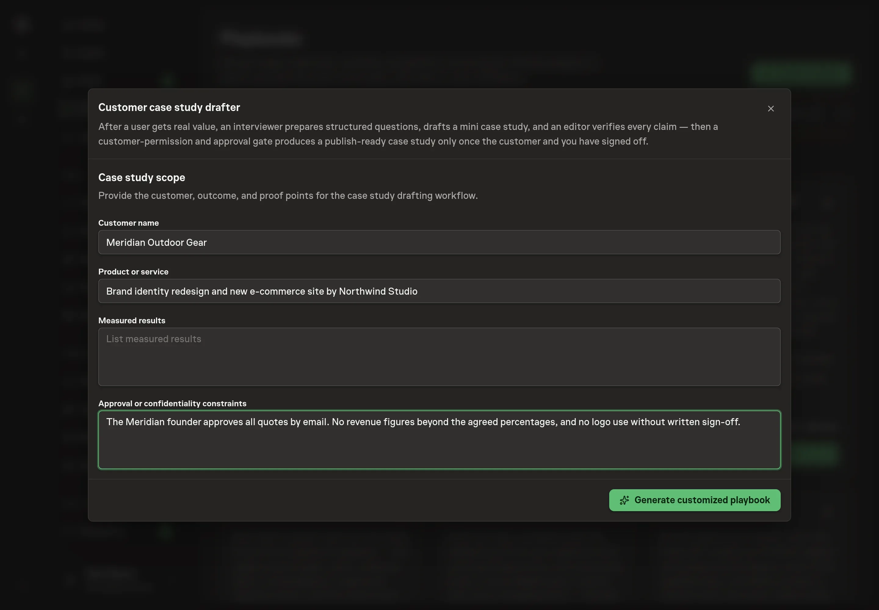 The setup form filled in for a design studio client: the customer name, the product or service, two measured results, and a note that the founder approves all quotes