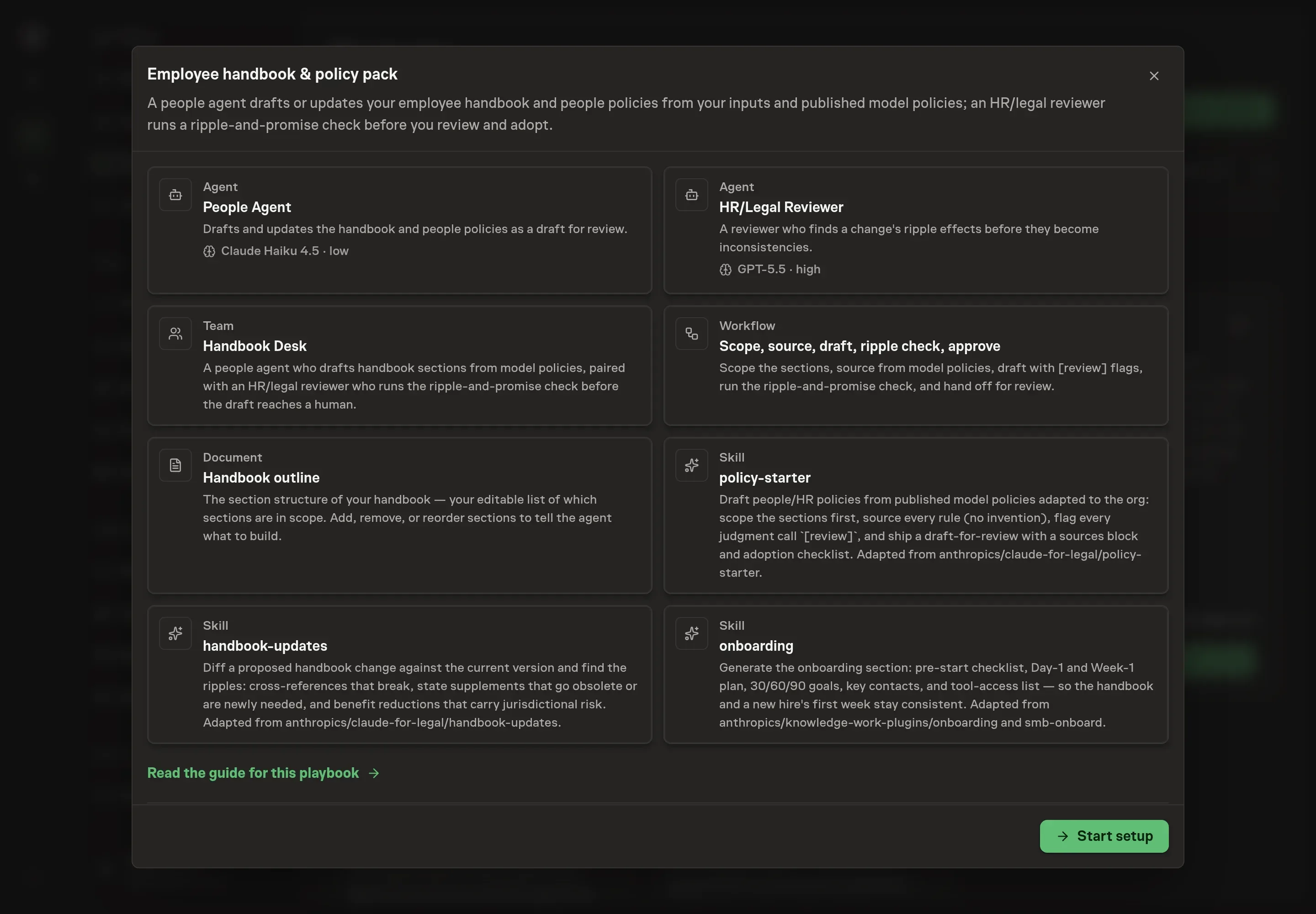 The Employee handbook & policy pack preview showing the people agent, HR/legal reviewer, workflow, handbook outline, and policy skills, with a Start setup button