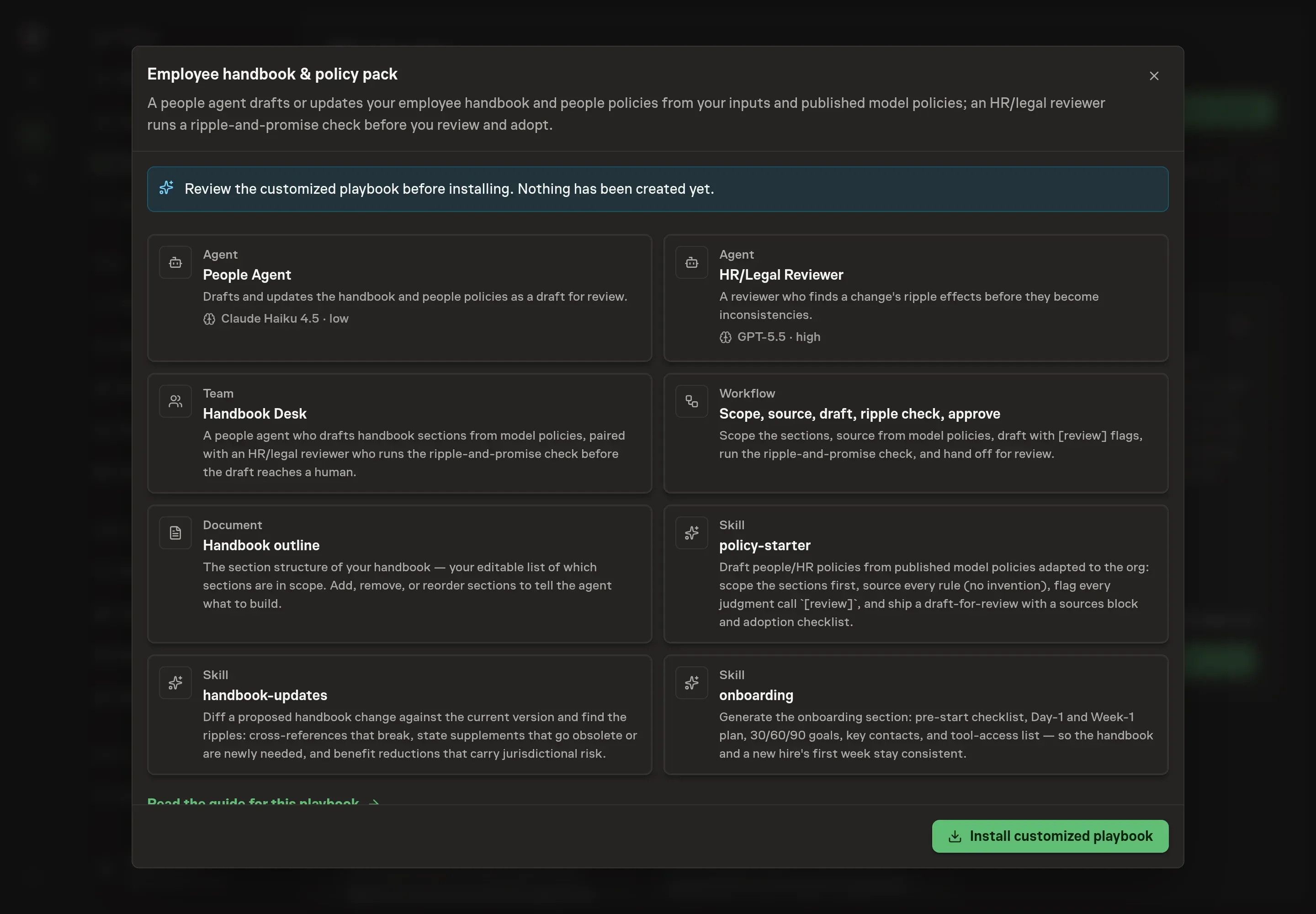The review step showing the customized Employee handbook & policy pack agents, workflow, document, and skills before installation