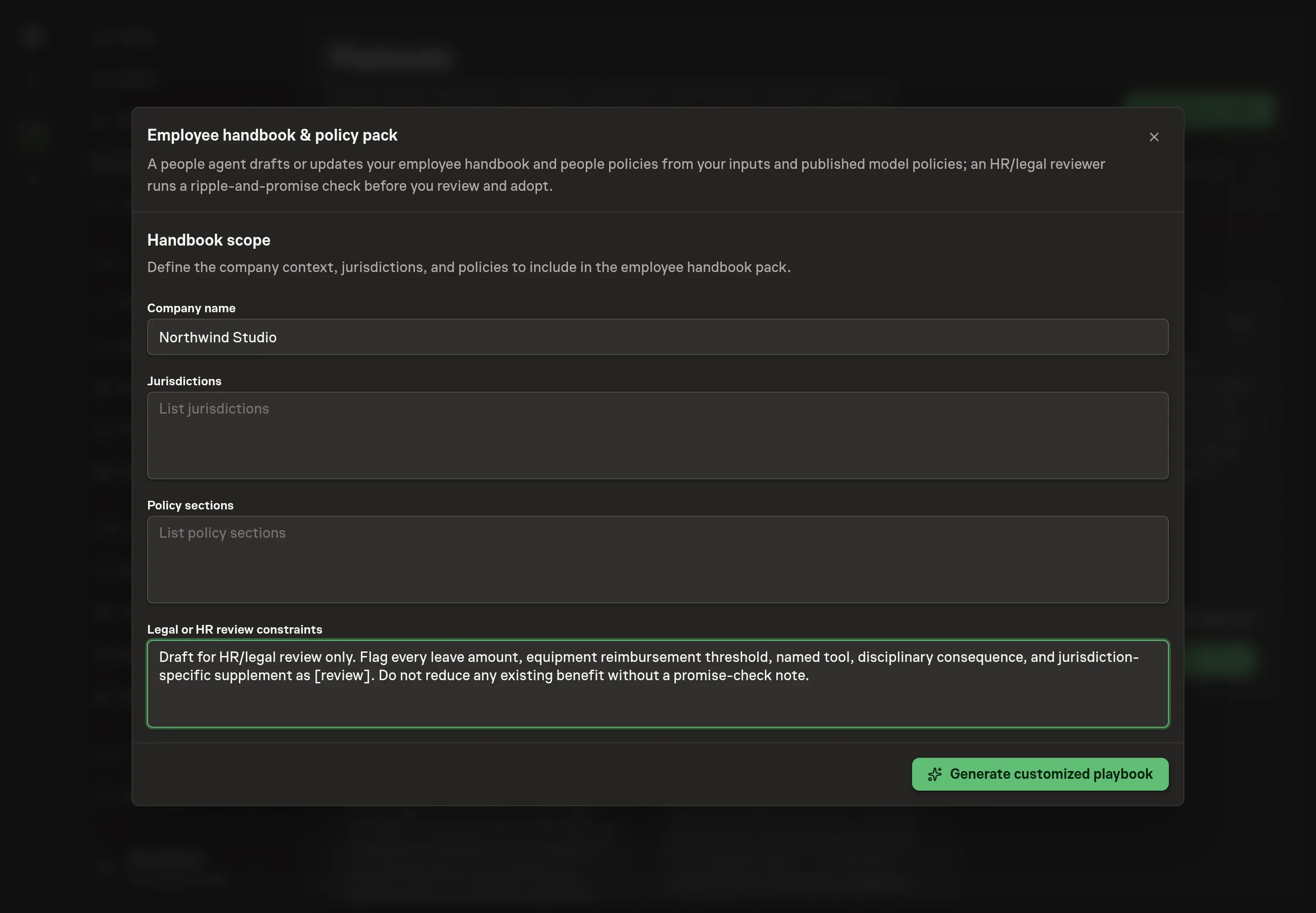 The setup form filled with Northwind Studio company context, jurisdictions, policy sections, and HR review constraints