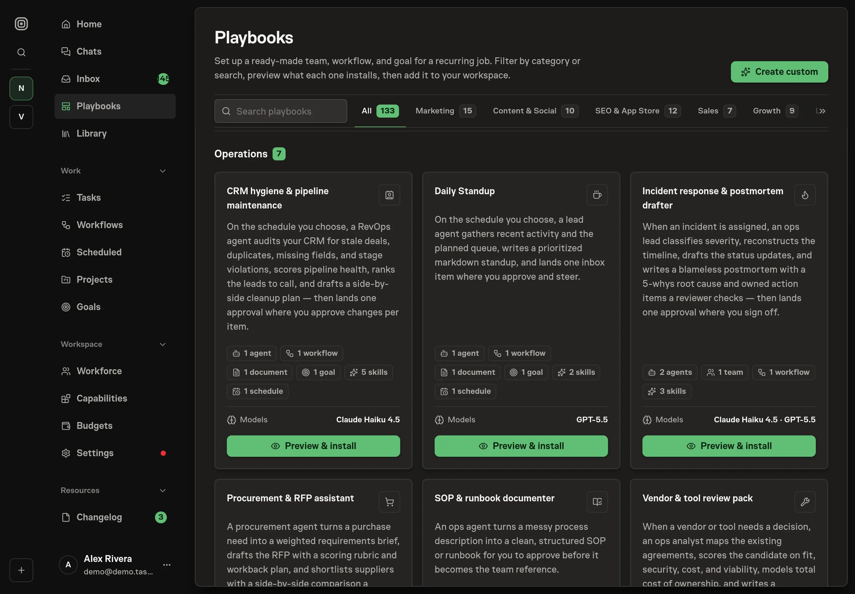 The playbook gallery with the Incident response & postmortem drafter card in the Operations category, listing the team, agents, workflow, skills, and follow-up