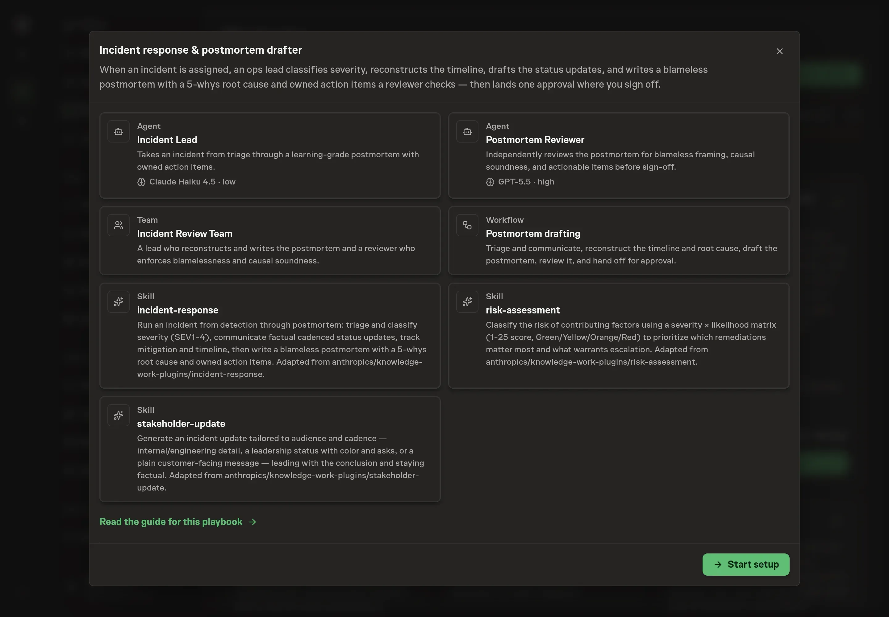 The Incident response & postmortem drafter preview listing the incident review team, agents, workflow, skills, and Start setup button