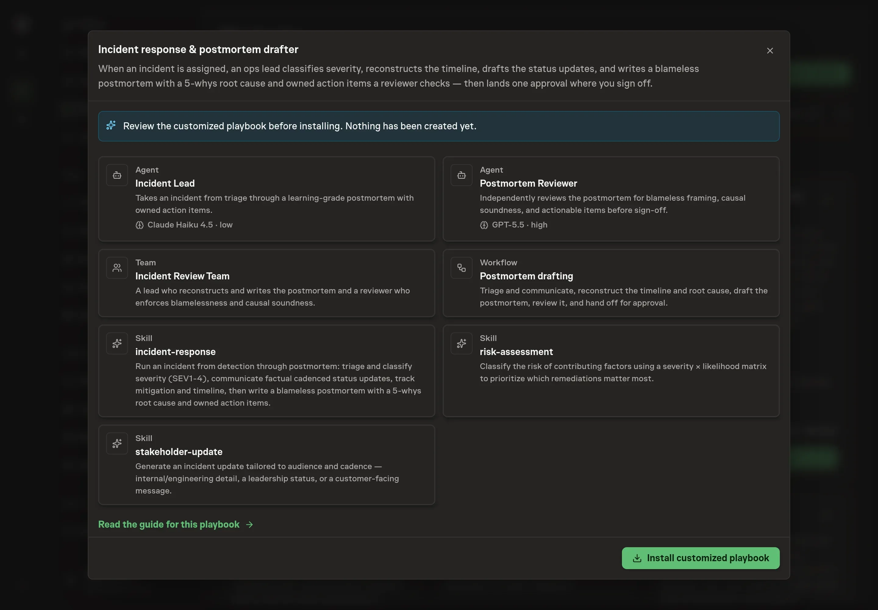 The review step showing the customized incident review team, postmortem workflow, agents, and skills ready to install
