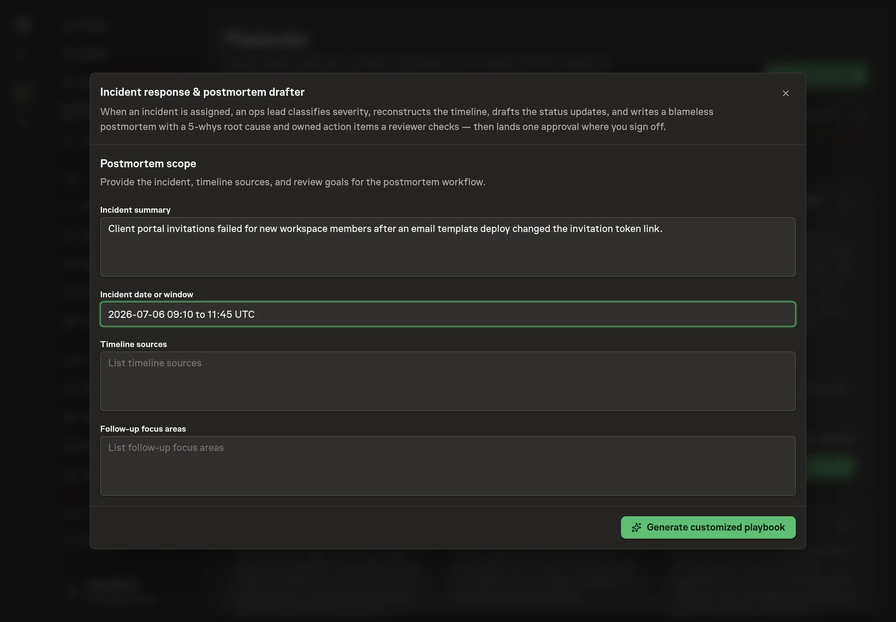The setup form filled with a Northwind Studio incident summary, incident window, timeline sources, and follow-up focus areas