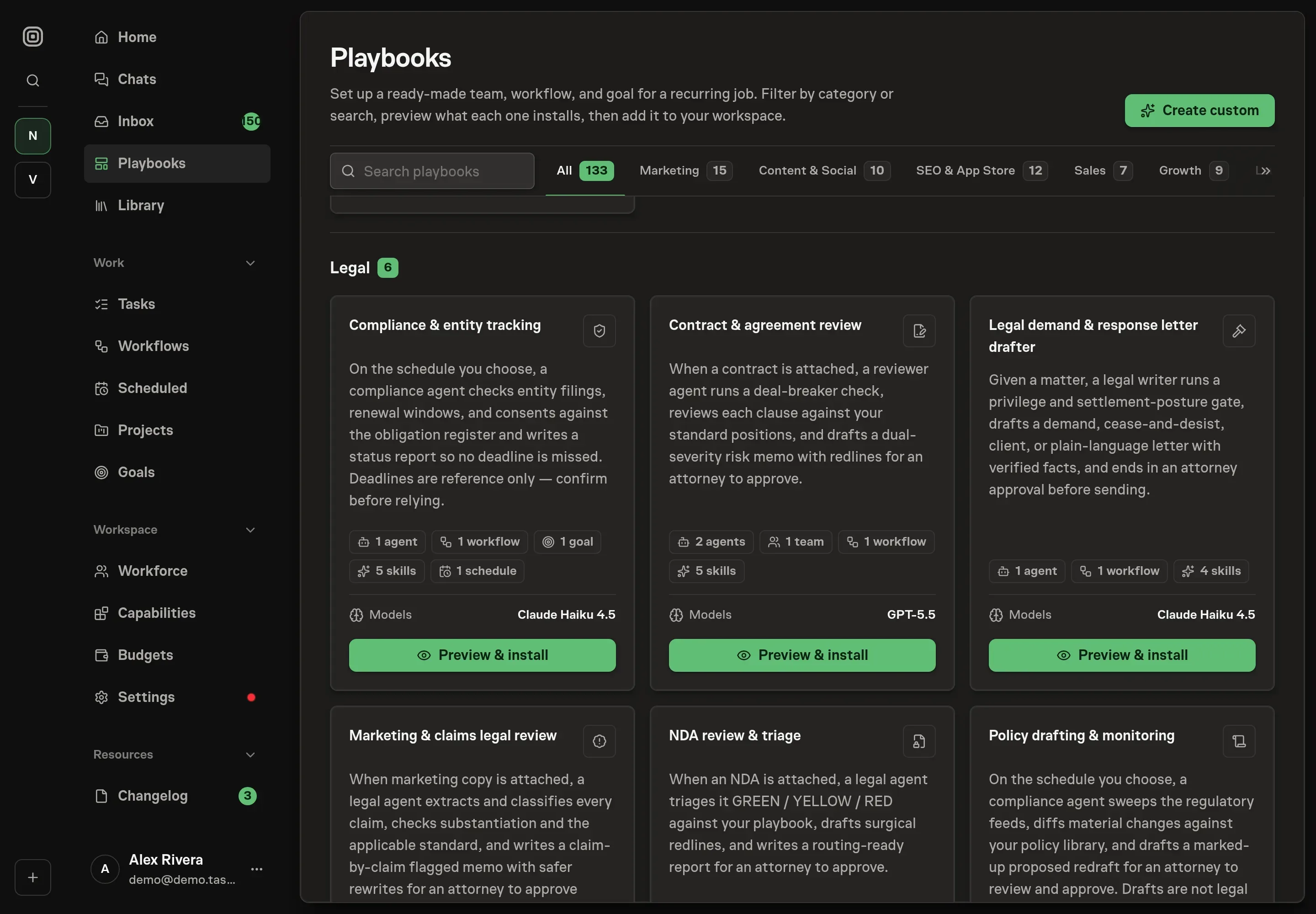 The playbook gallery with the Legal demand and response letter drafter card in the Legal category, listing the agent, workflow, and skills