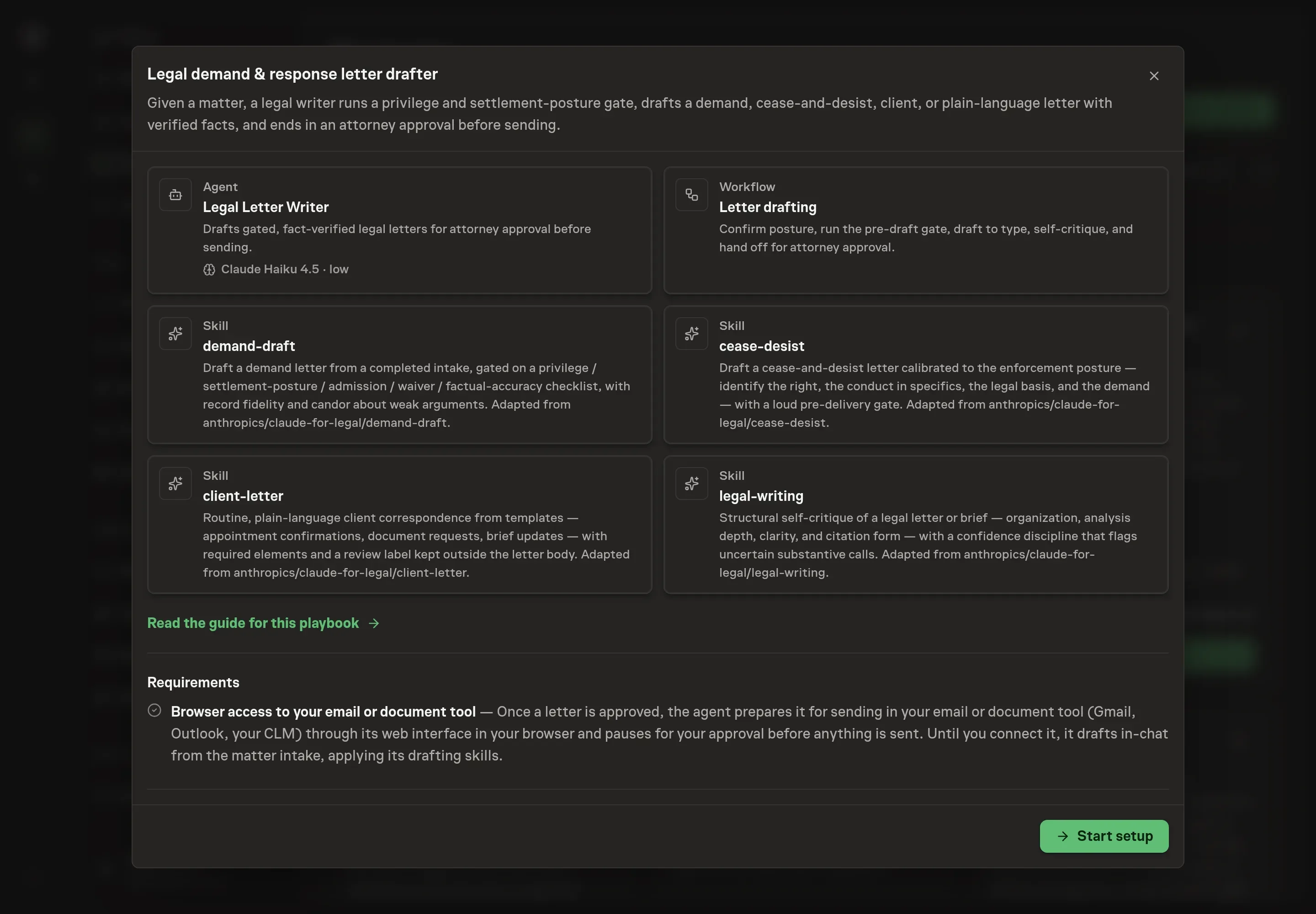 The Legal demand and response letter drafter preview listing the legal writer, letter drafting workflow, demand draft, cease-and-desist, client letter, and legal writing skills, with a Start setup button