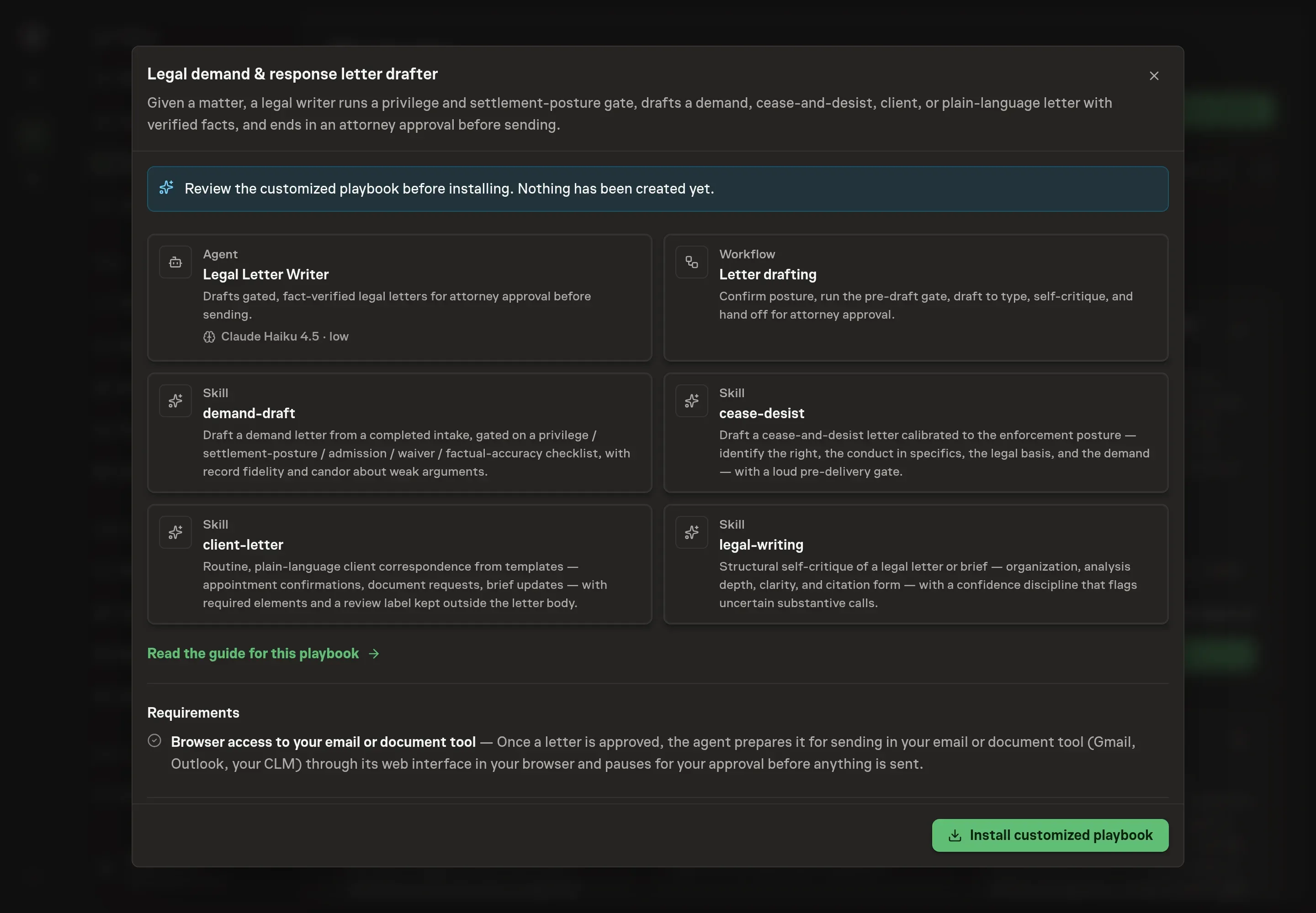 The review step showing the customized legal writer, letter drafting workflow, legal skills, and attorney approval gate before anything is installed