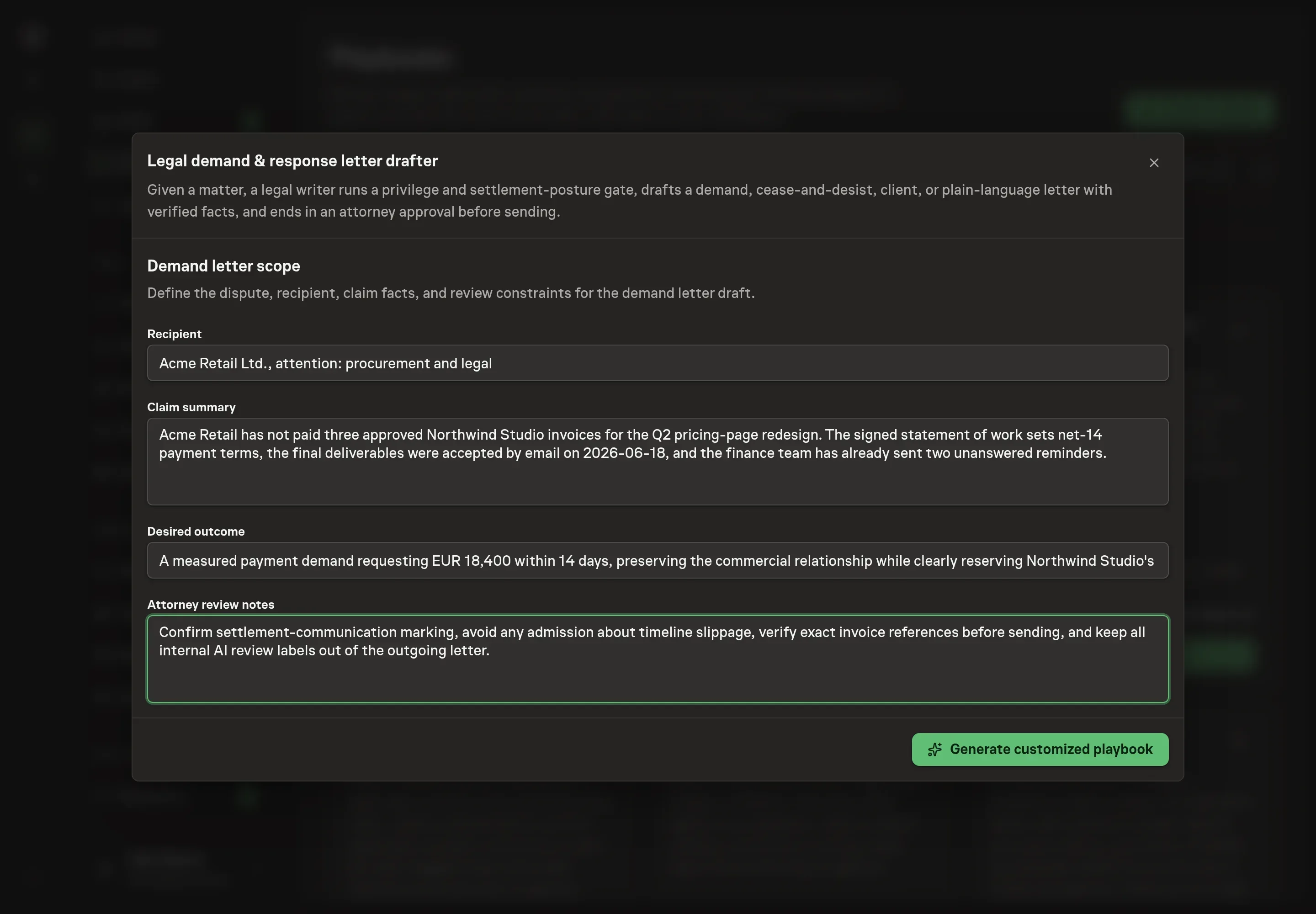 The setup form filled in with a recipient, claim summary, desired outcome, and attorney review notes for a Northwind Studio matter