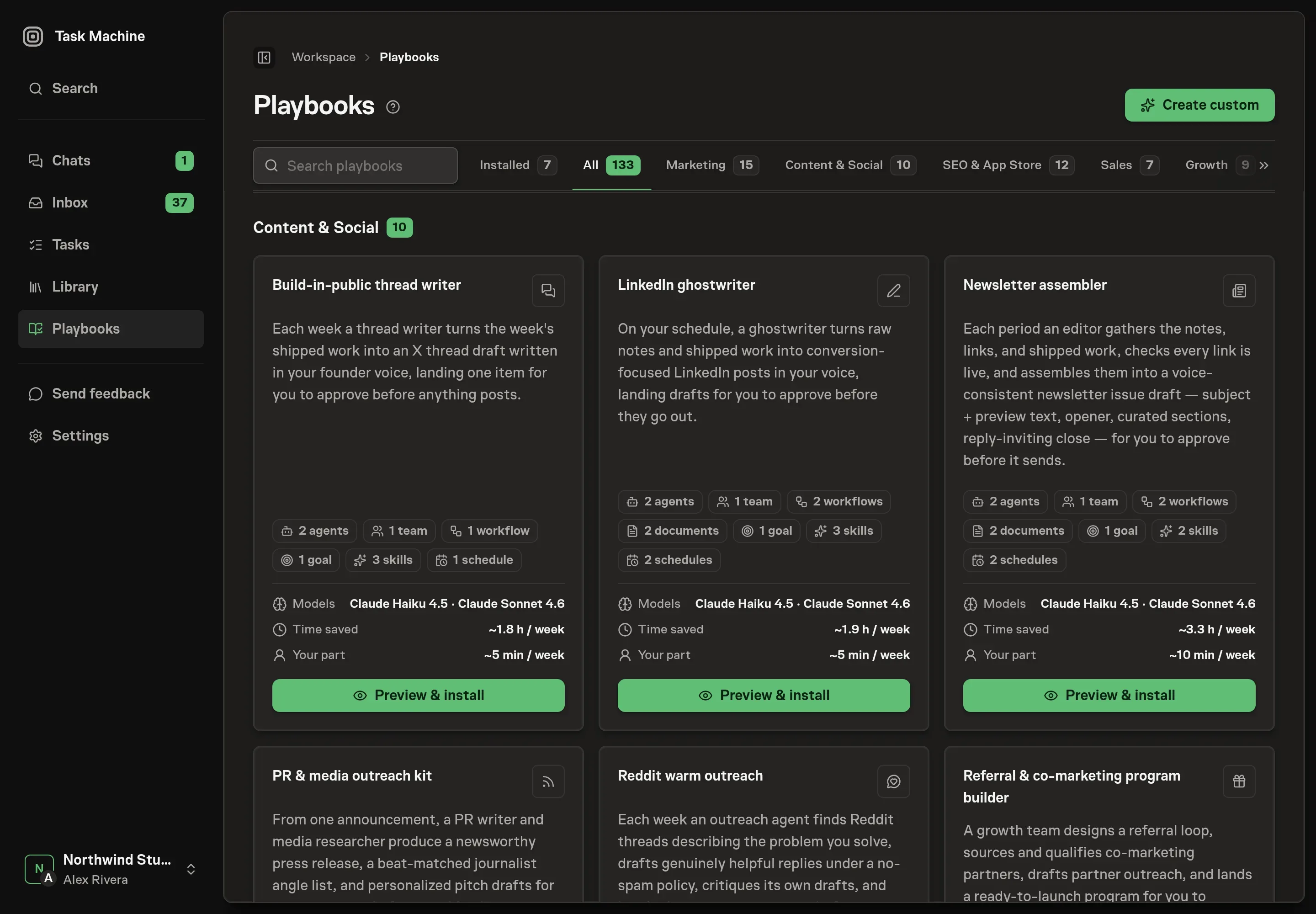 The playbook gallery with the LinkedIn ghostwriter card in the Content category, listing the agent, voice guide, workflow, goal, and schedule