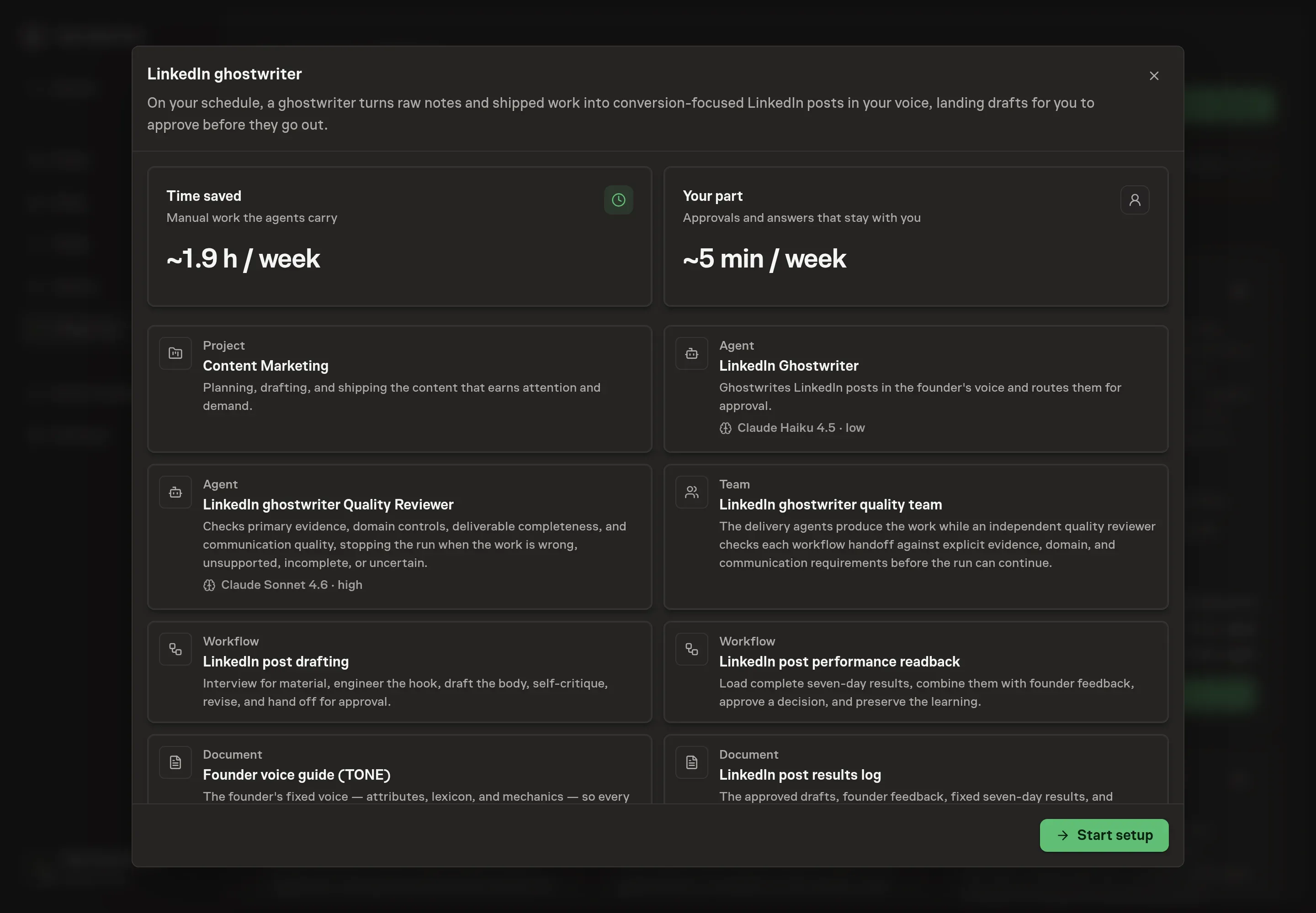 The LinkedIn ghostwriter preview listing the ghostwriter, Founder voice guide, post drafting workflow, goal, schedule, and writing skills, with a Start setup button