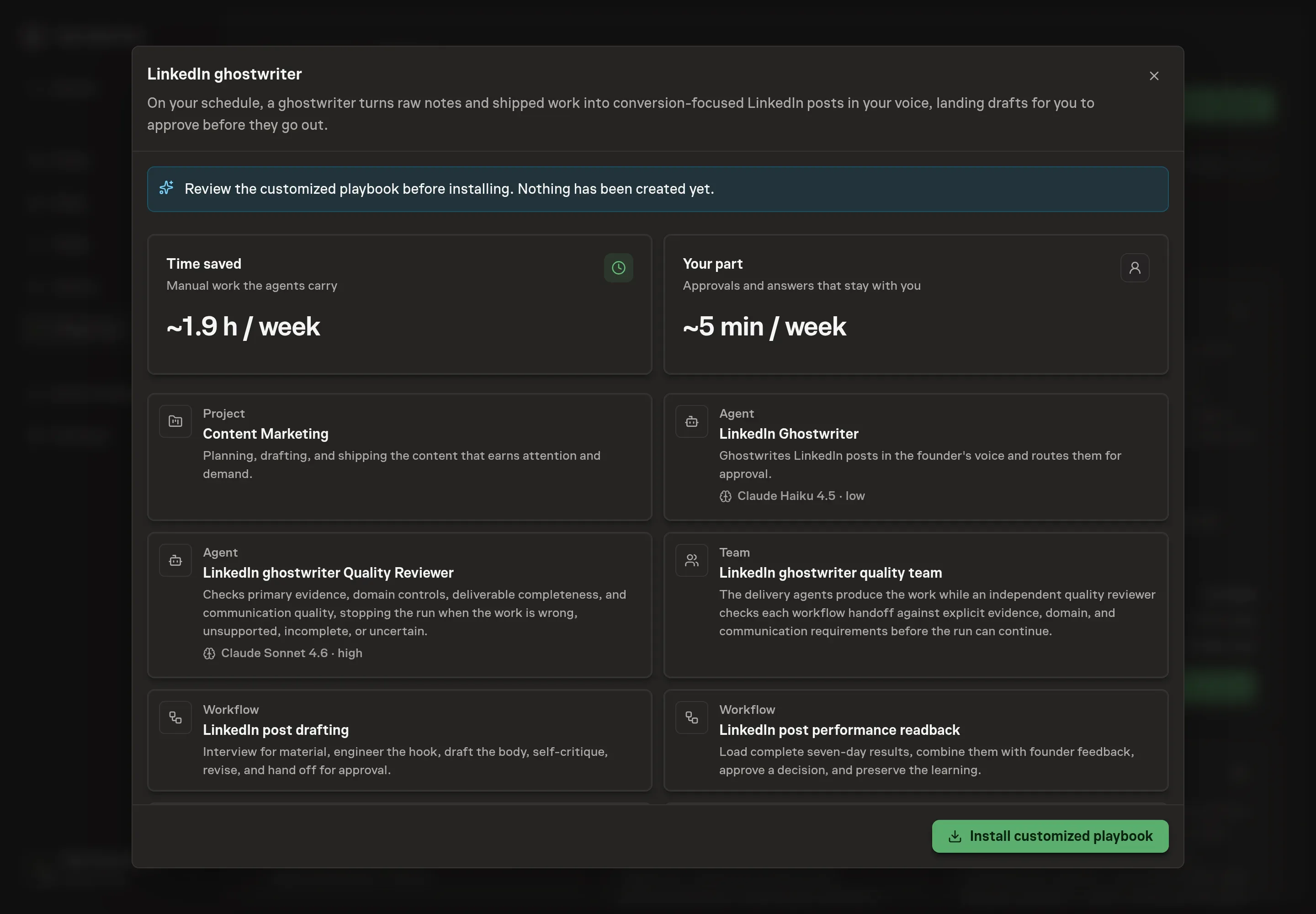 The review step showing the customized LinkedIn Ghostwriter, Founder voice guide, drafting workflow, goal, schedule, and writing skills before anything is installed