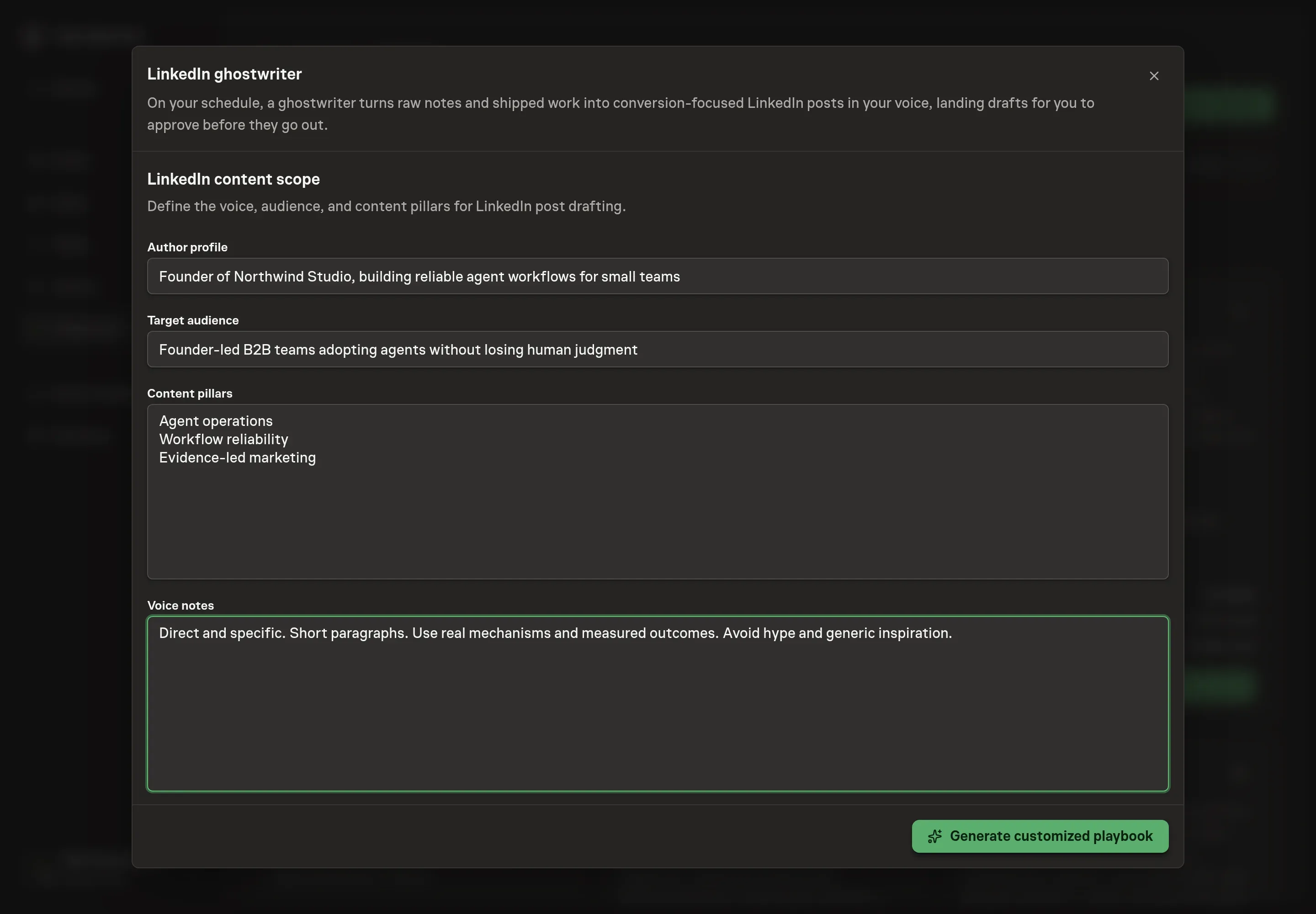 The setup form filled in with Northwind Studio's author profile, audience, content pillars, and founder voice notes