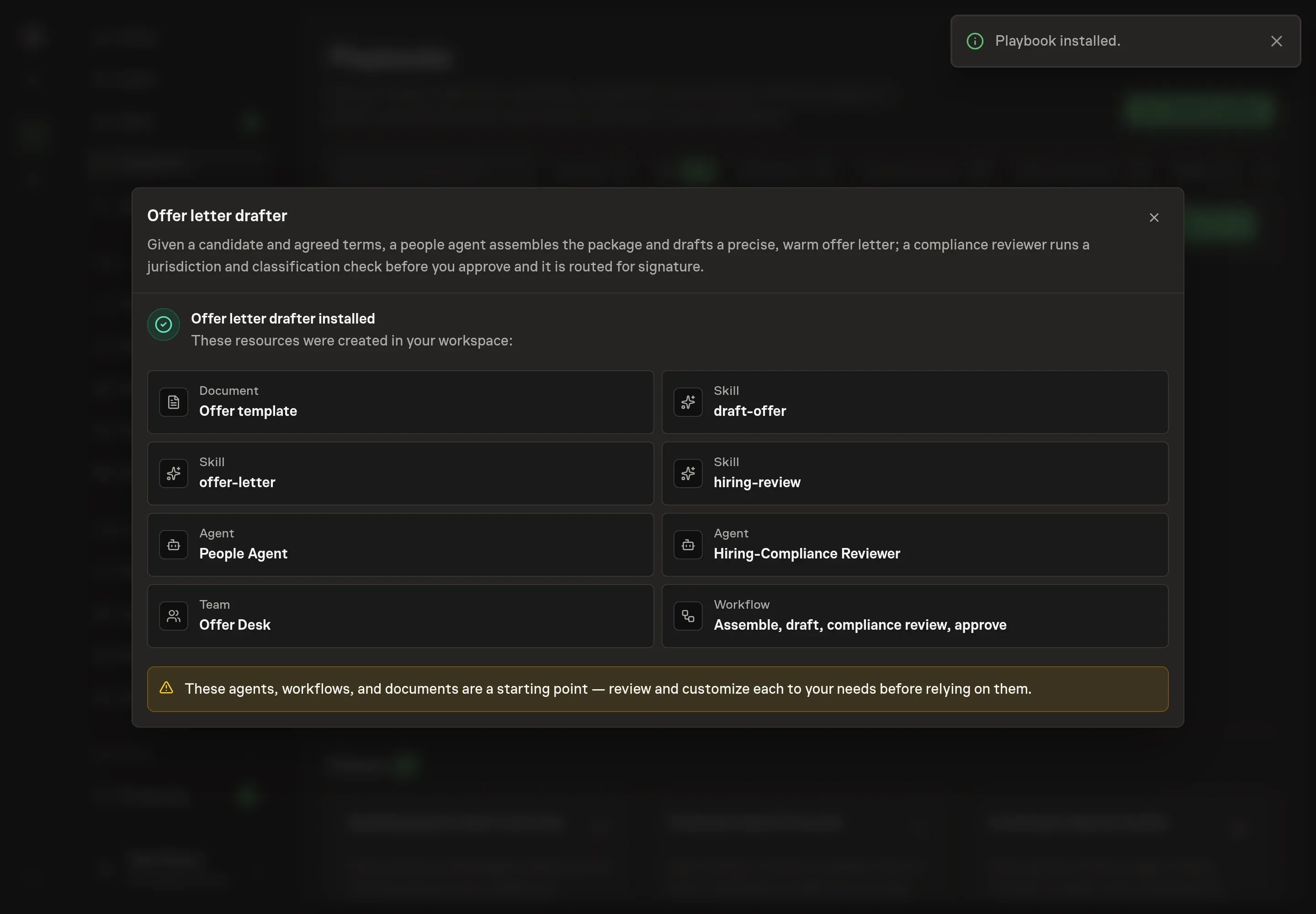 The install confirmation listing the Offer letter drafter records and follow-ups
