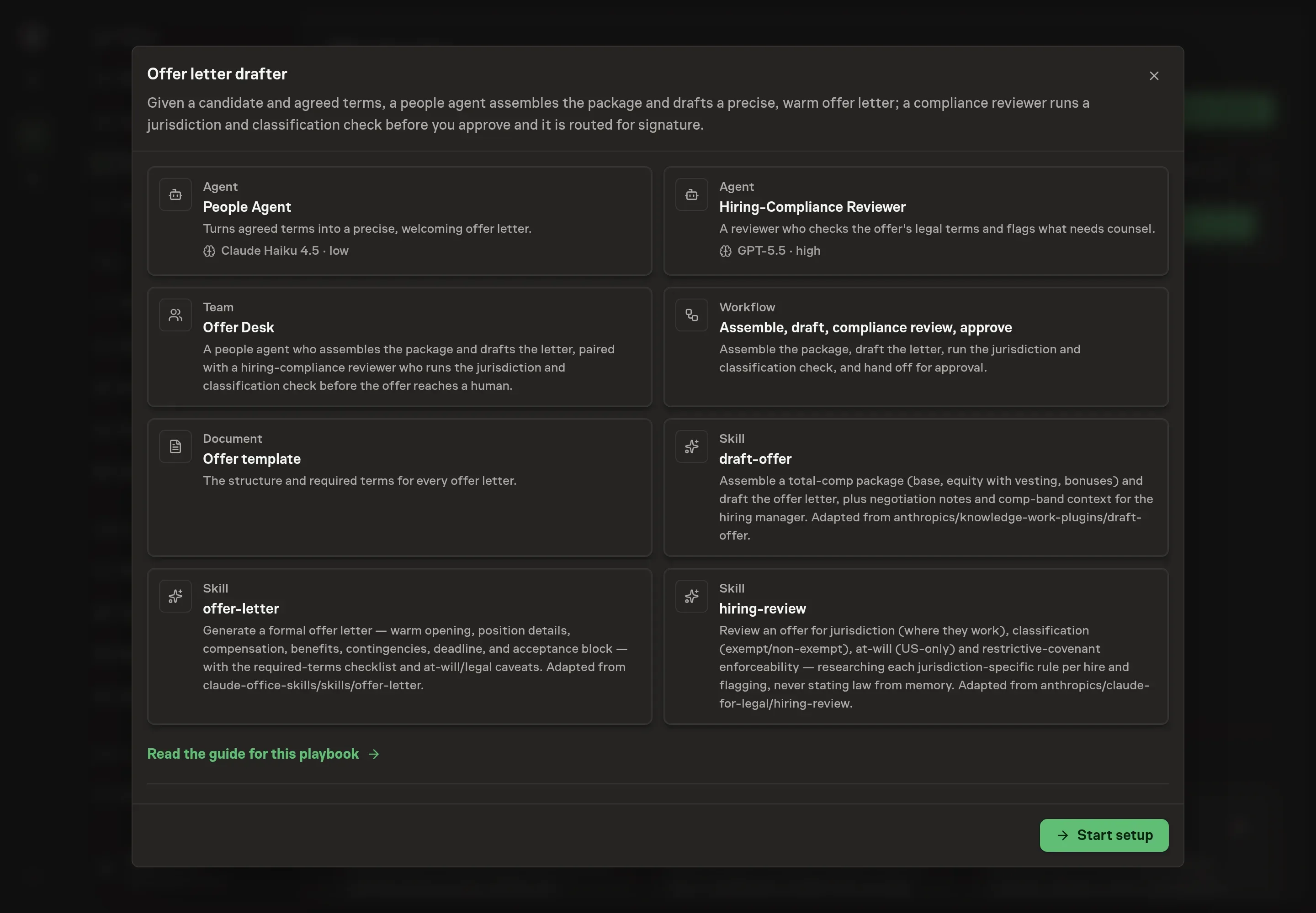 The Offer letter drafter preview listing the agents, team, workflow, offer template, and skills, with a Start setup button
