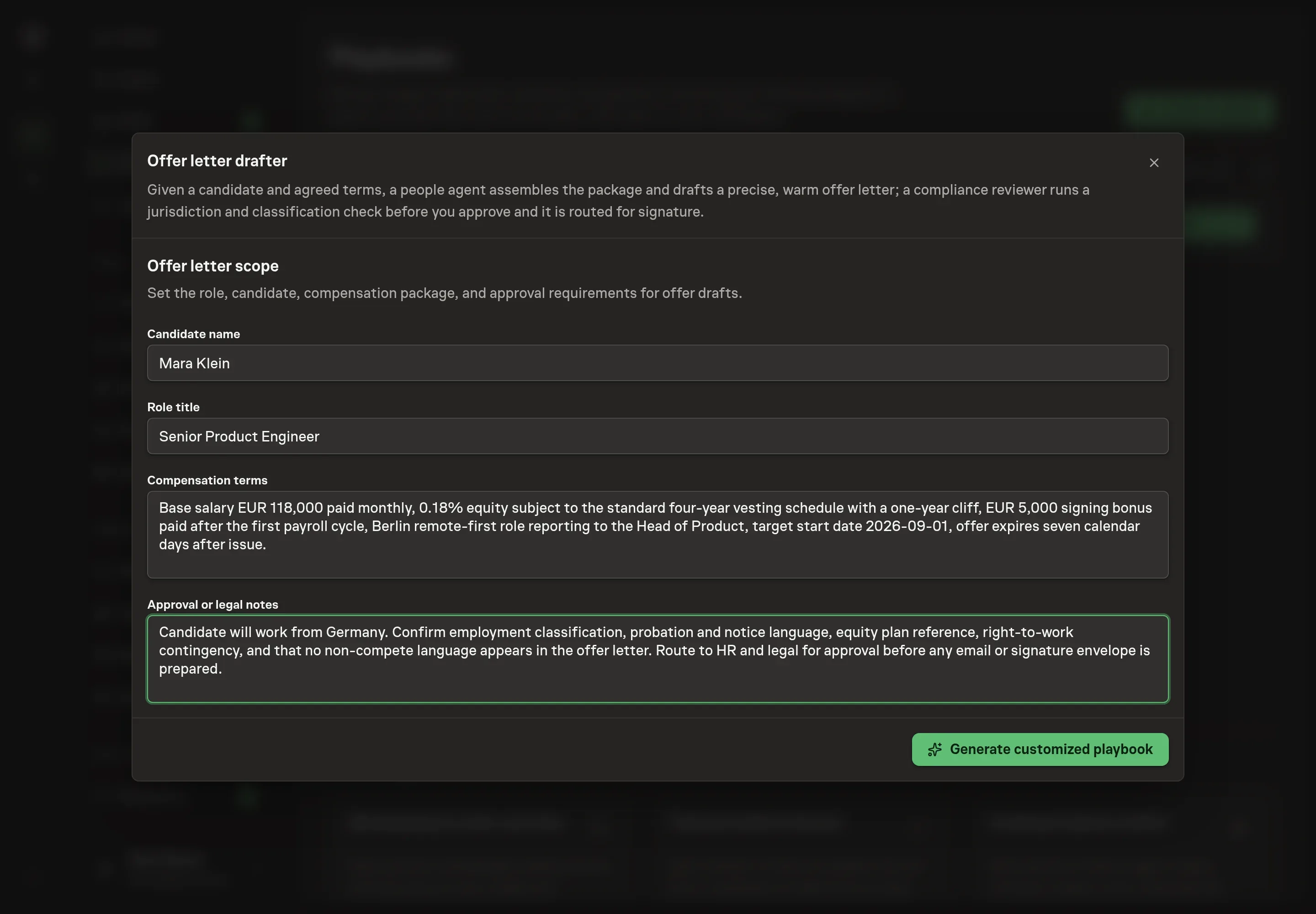 The setup form filled with a Northwind Studio candidate, role title, compensation terms, and approval notes