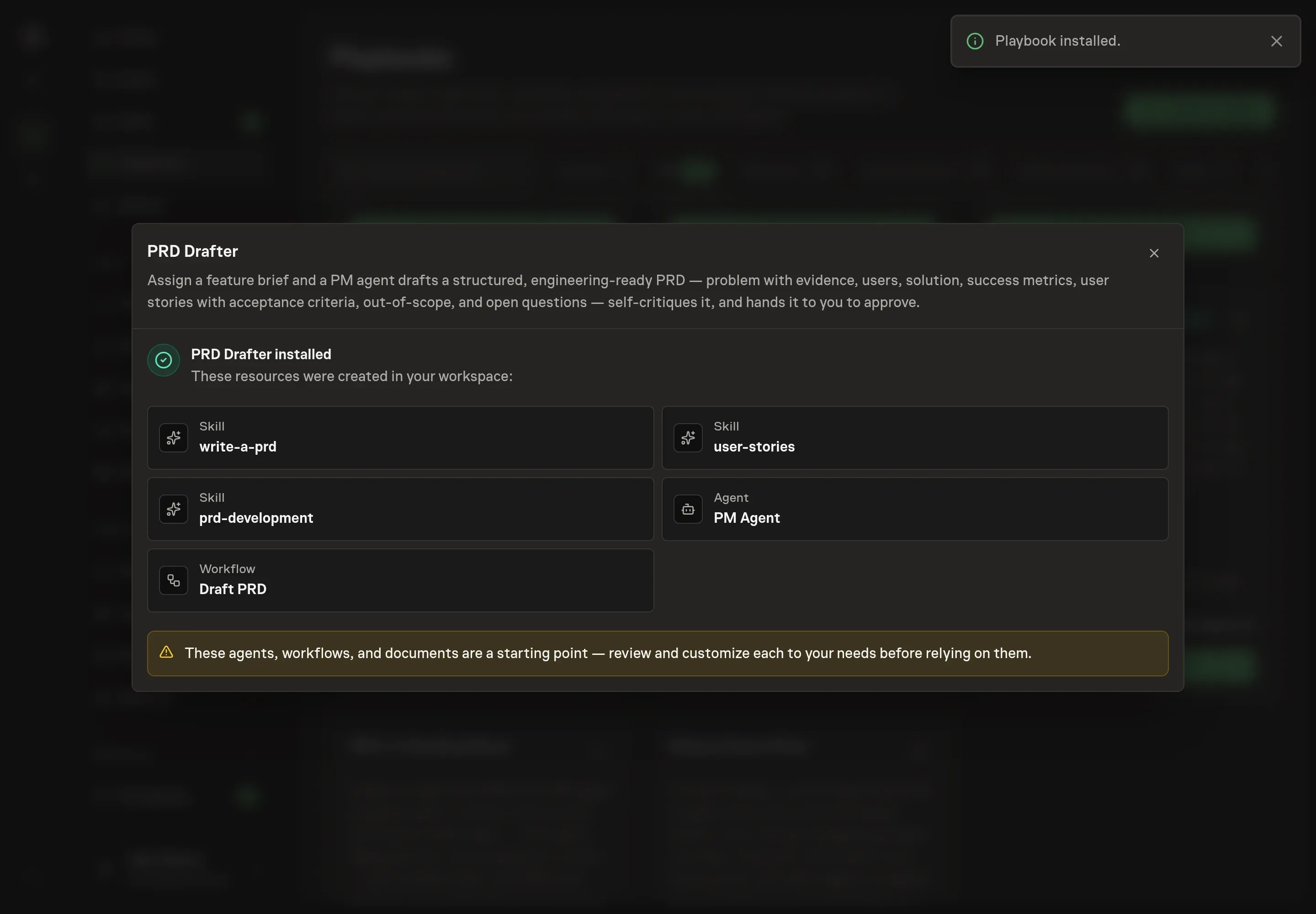 The install confirmation listing the created PRD skills, PM Agent, and Draft PRD workflow
