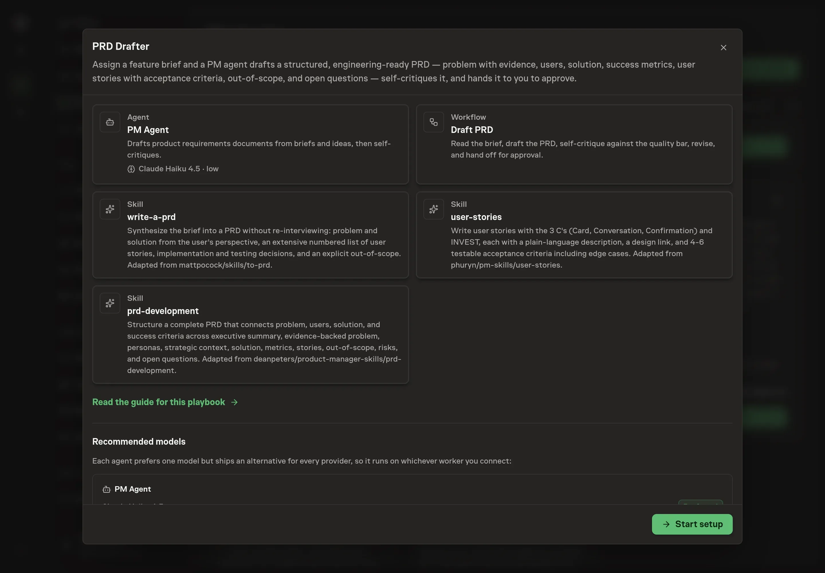 The PRD Drafter preview listing the PM Agent, Draft PRD workflow, and PRD writing skills before setup starts