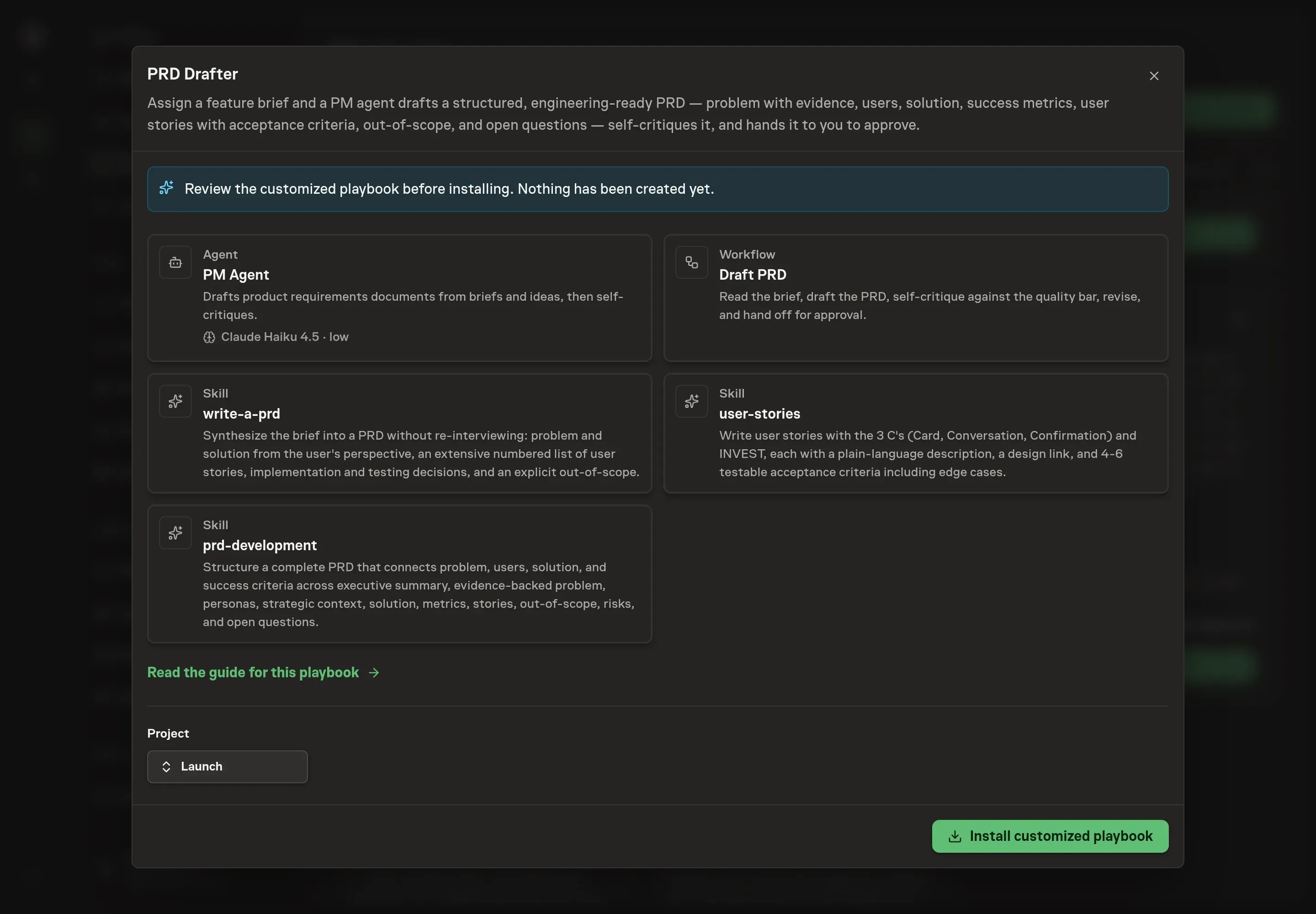 The review step showing the customized PM Agent, Draft PRD workflow, and skills before installation