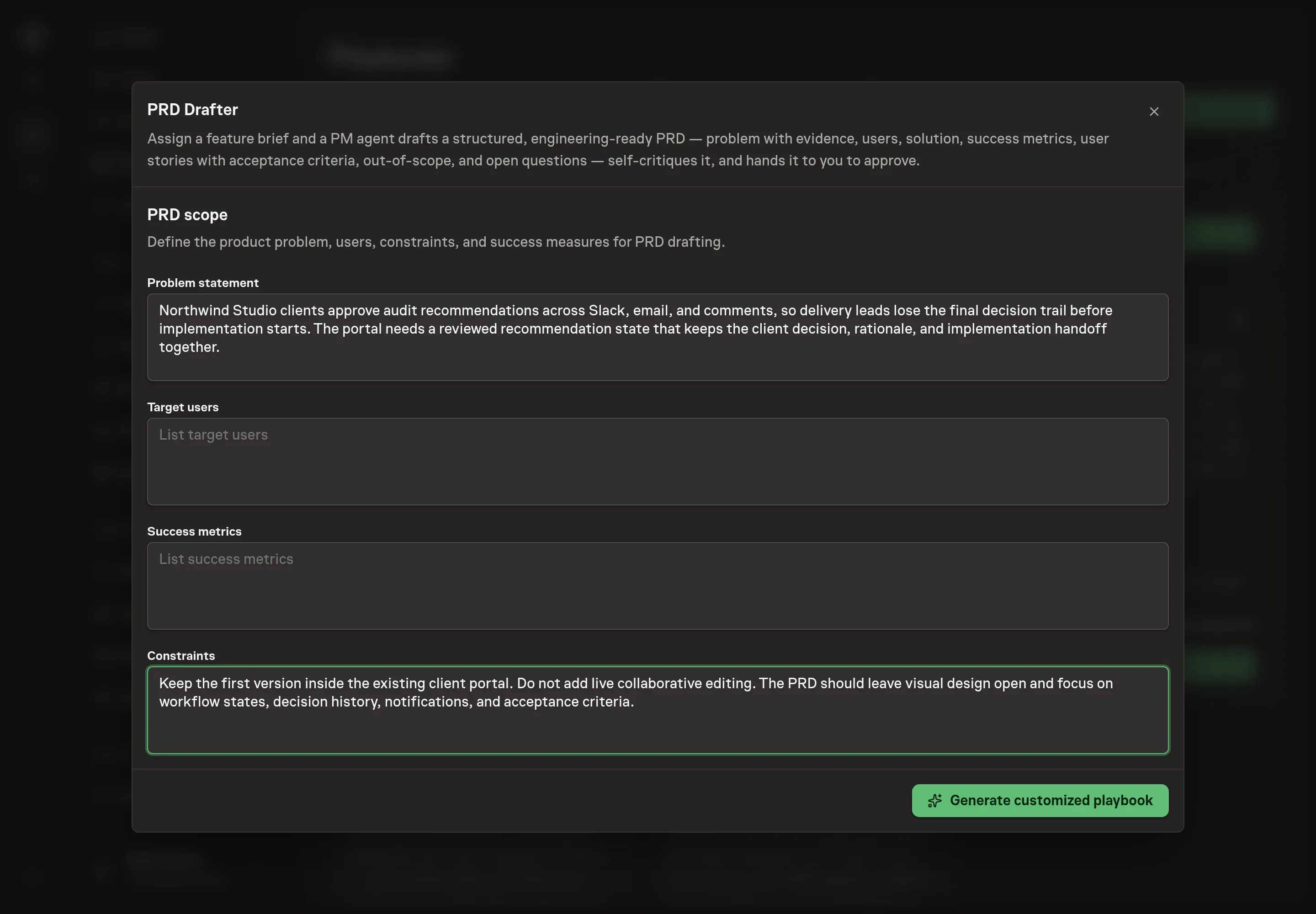 The setup form filled in with a product problem, target users, success metrics, and constraints for a client portal PRD