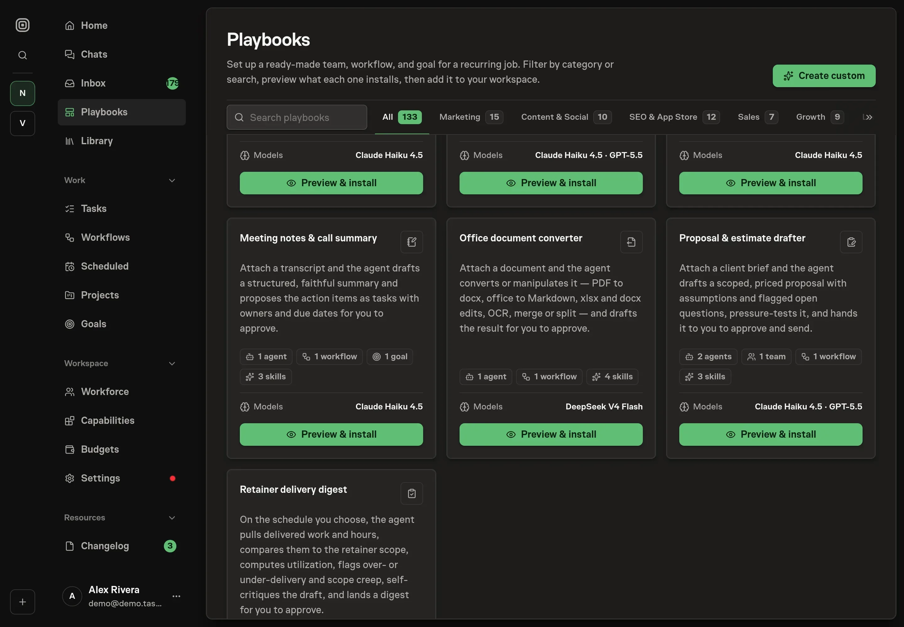 The playbook gallery with the Proposal and estimate drafter card in the Documents category