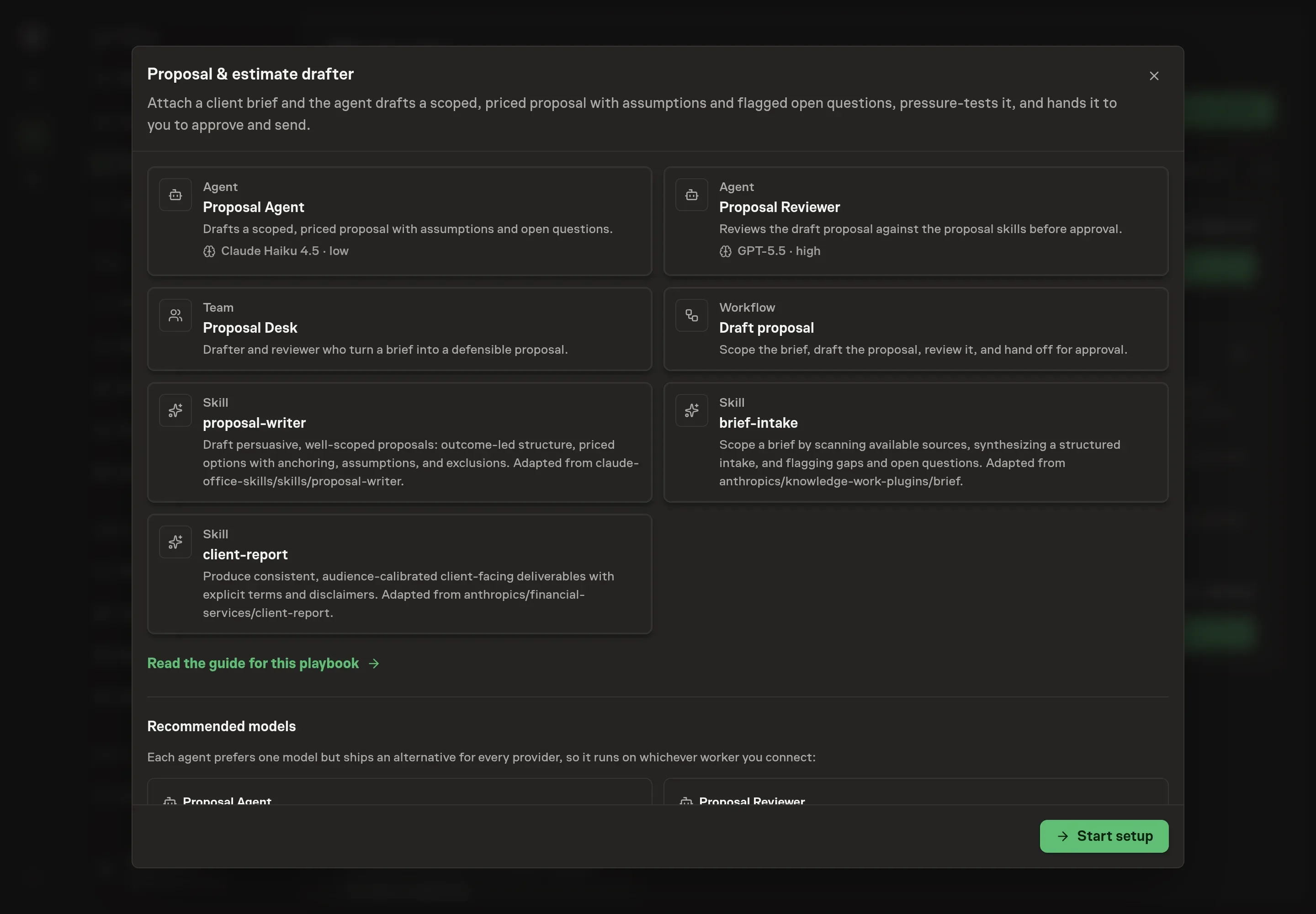 The Proposal and estimate drafter preview listing the agents, team, workflow, and proposal skills, with a Start setup button