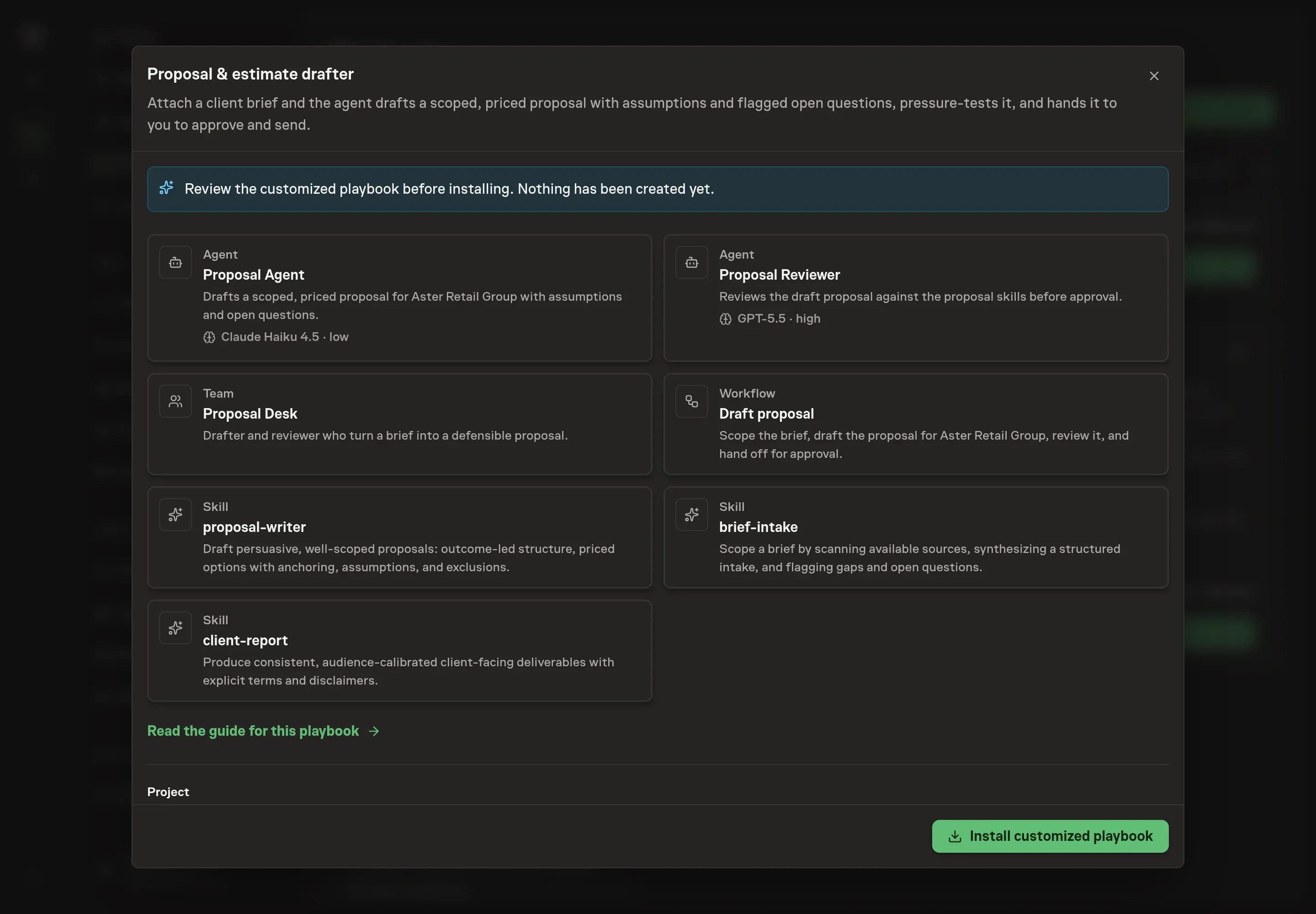 The review step showing the customized Proposal Agent, Proposal Reviewer, Proposal Desk, proposal skills, and approval workflow