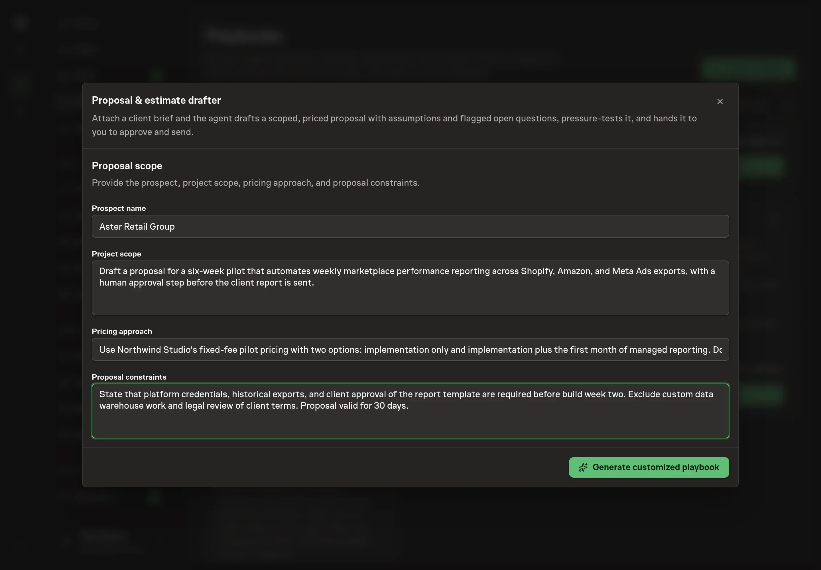The setup form filled with a Northwind Studio prospect, project scope, pricing approach, and proposal constraints