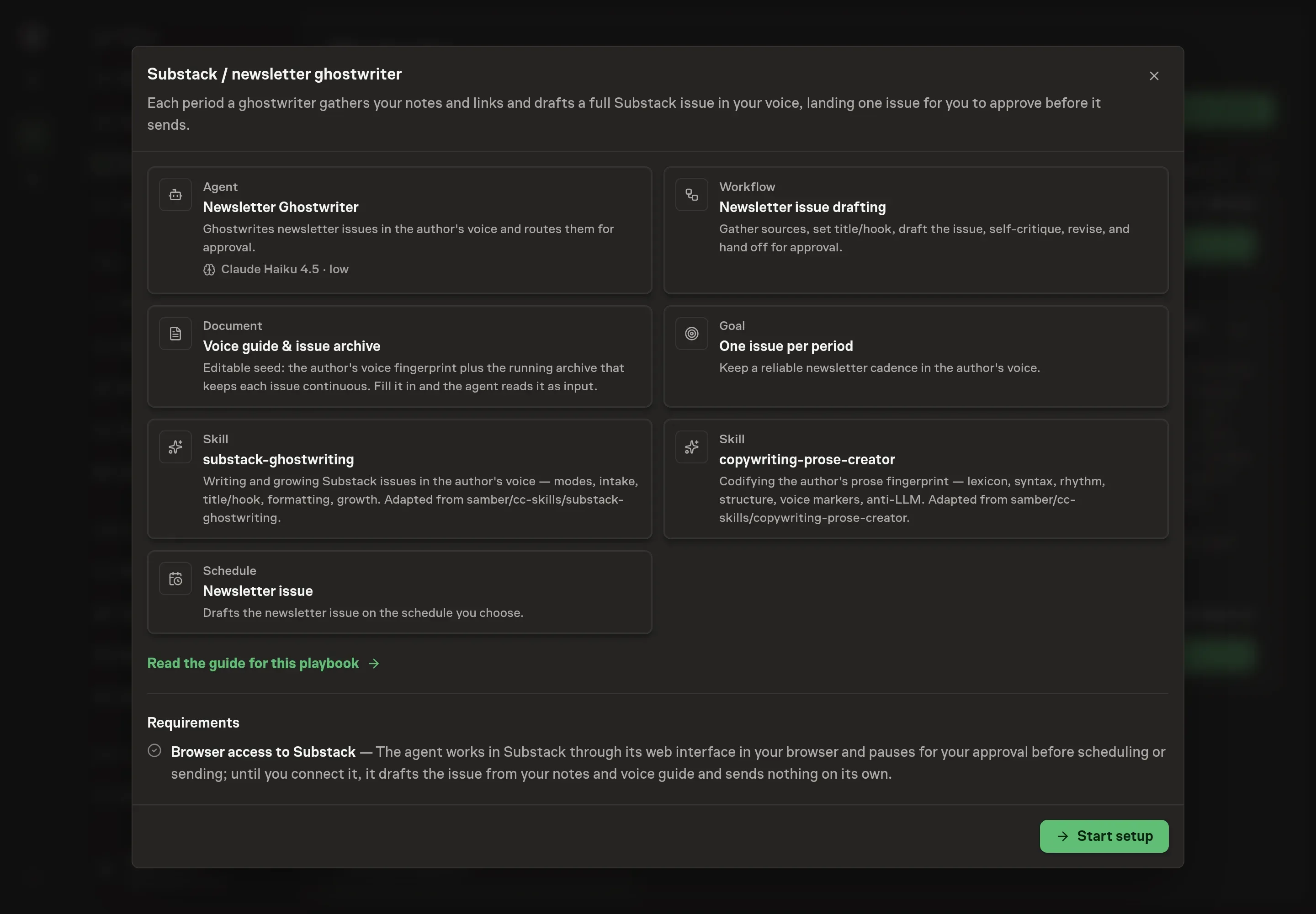 The Substack ghostwriter preview listing the ghostwriter, issue drafting workflow, voice guide document, two skills, recurring schedule, and Start setup button