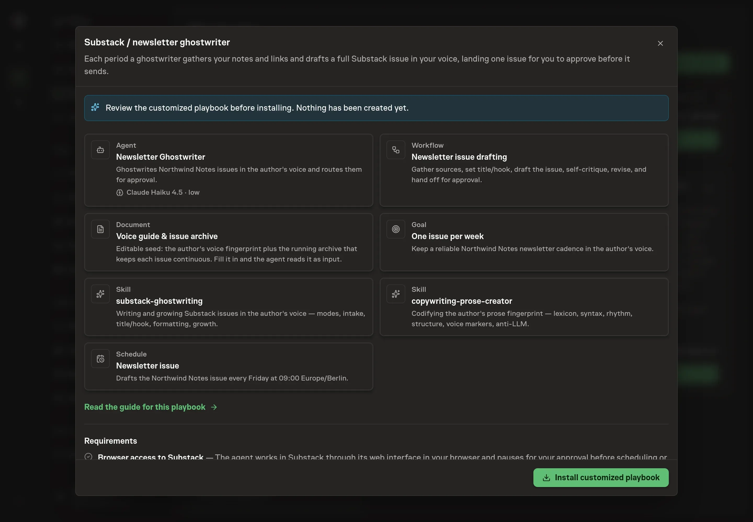 The review step showing the customized Newsletter Ghostwriter, drafting workflow, voice guide document, skills, schedule, and publication scope