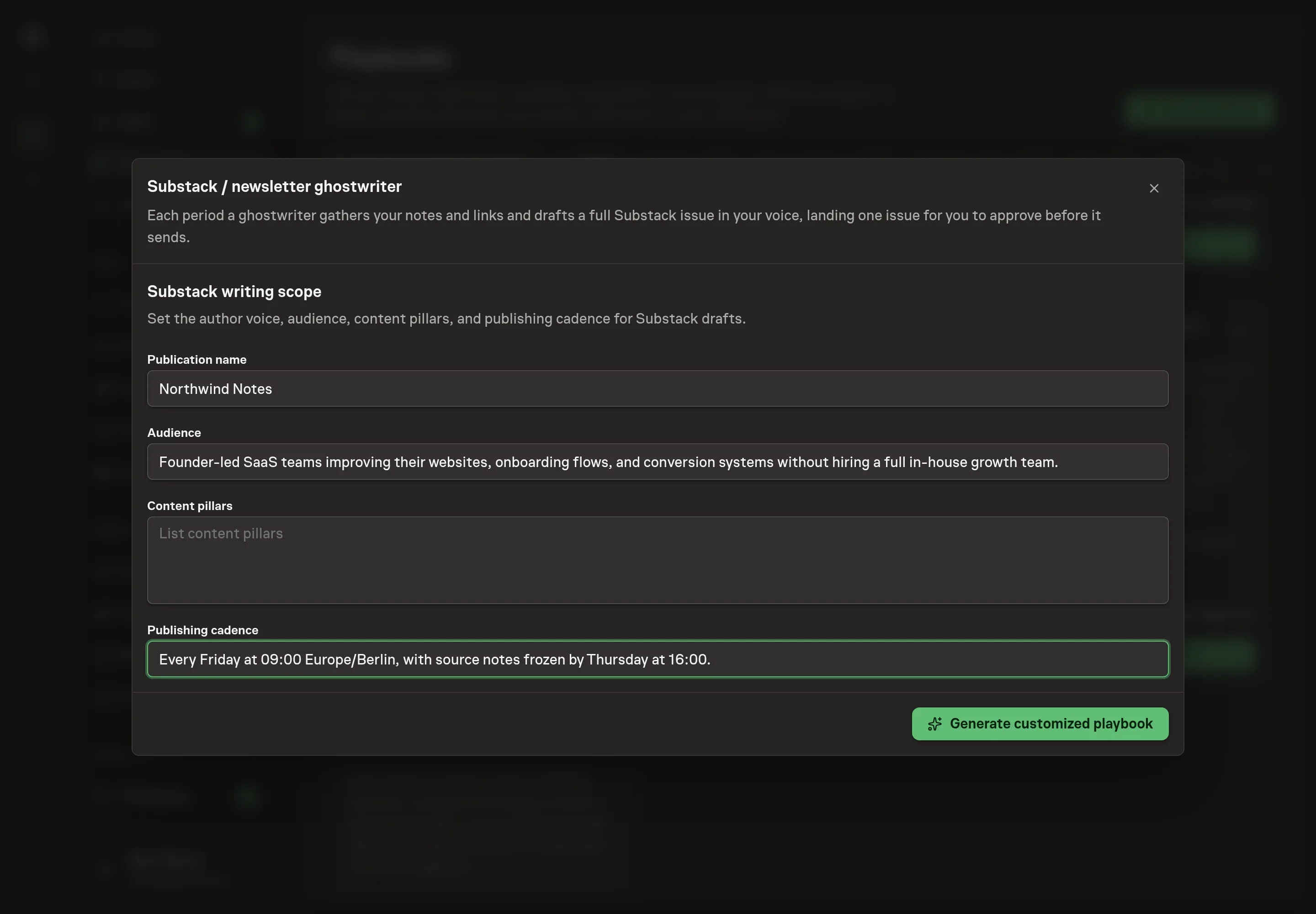 The setup form filled in with a publication name, audience, content pillars, and weekly publishing cadence