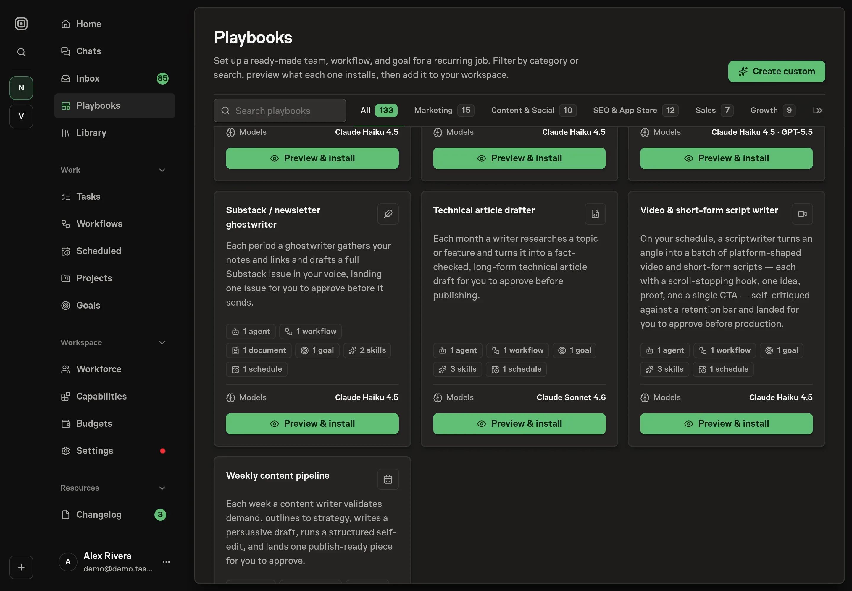The playbook gallery with the Technical article drafter card in the Content category, listing the article writer, workflow, goal, skills, and schedule