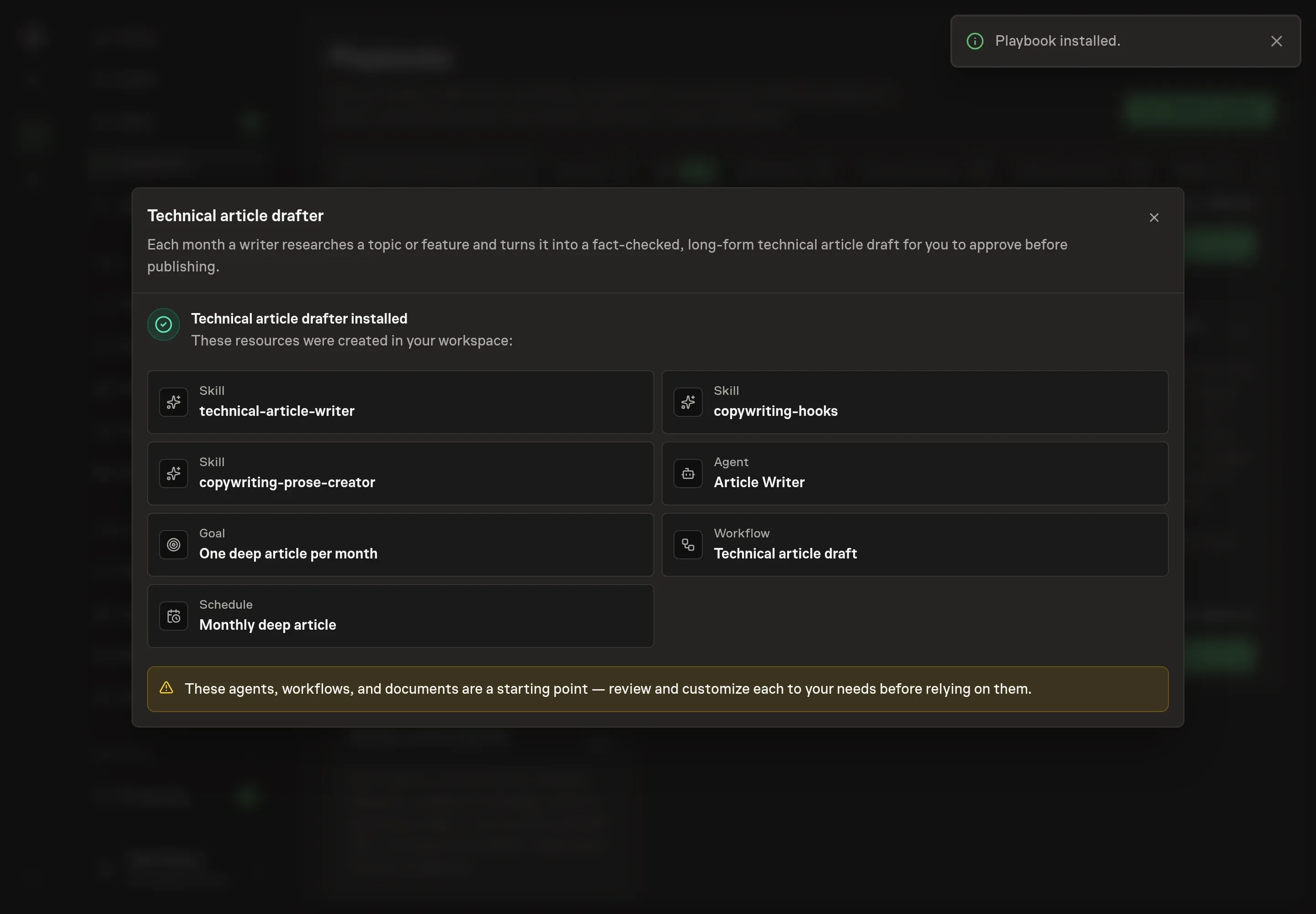 The install confirmation listing the created article skills, article writer, monthly article goal, workflow, and schedule