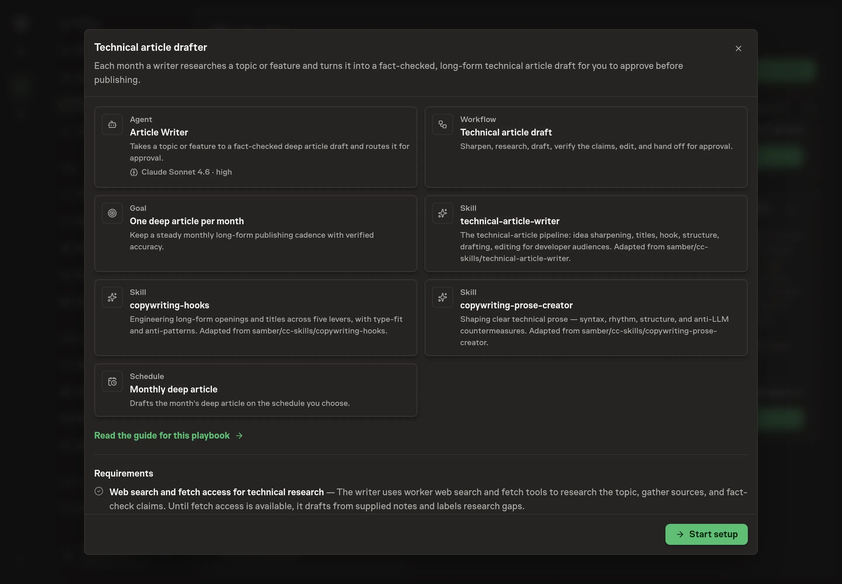 The Technical article drafter preview listing the article writer, workflow, monthly article goal, skills, and schedule, with a Start setup button