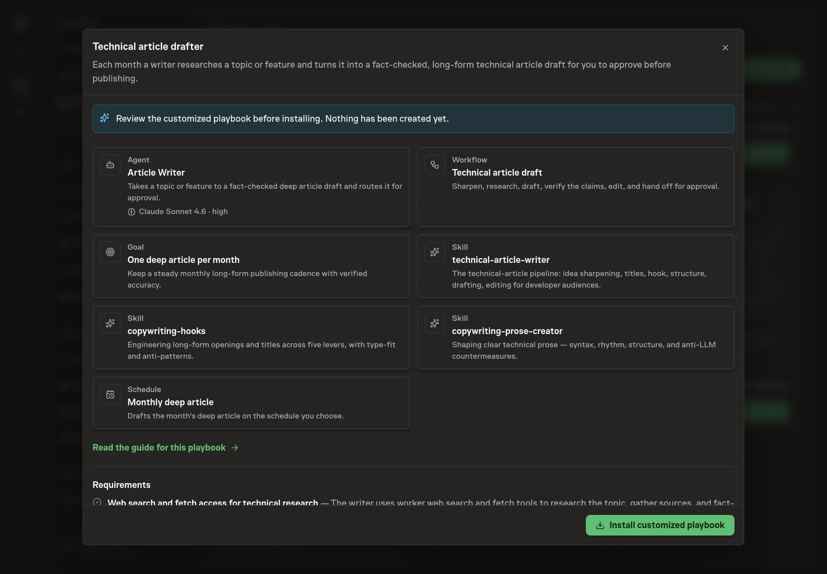 The review step showing the customized article writer, technical article workflow, goal, skills, and schedule before installation