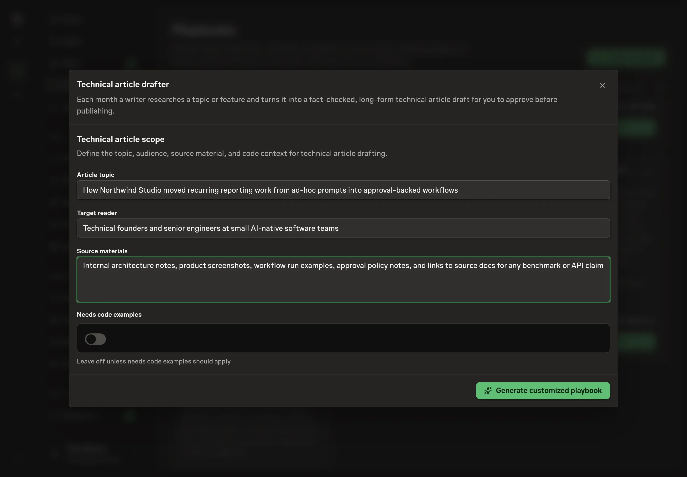 The setup form filled in with a technical article topic, target reader, source materials, and code-example setting for Northwind Studio