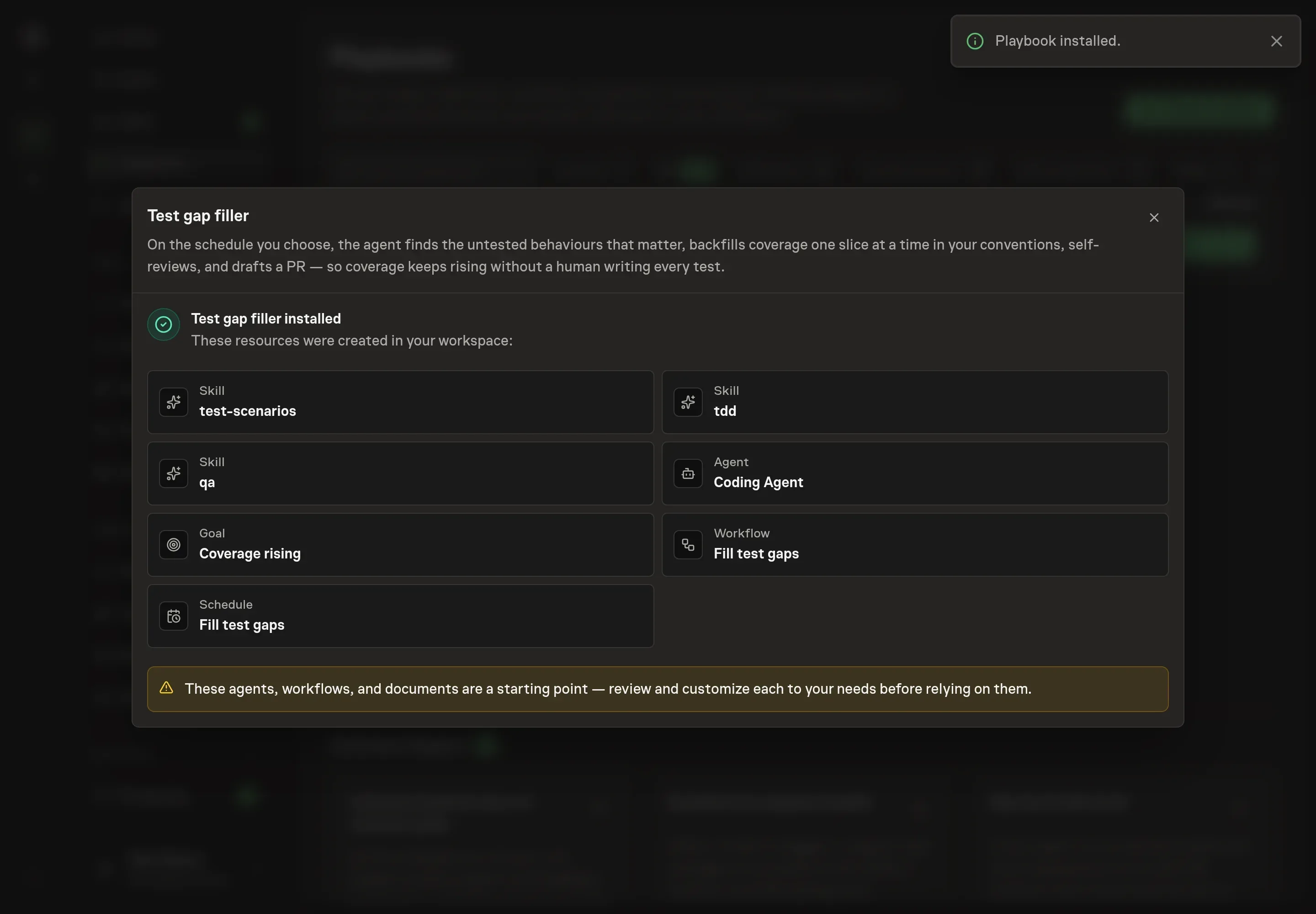 The install confirmation listing the created testing skills, coding agent, coverage goal, workflow, and schedule