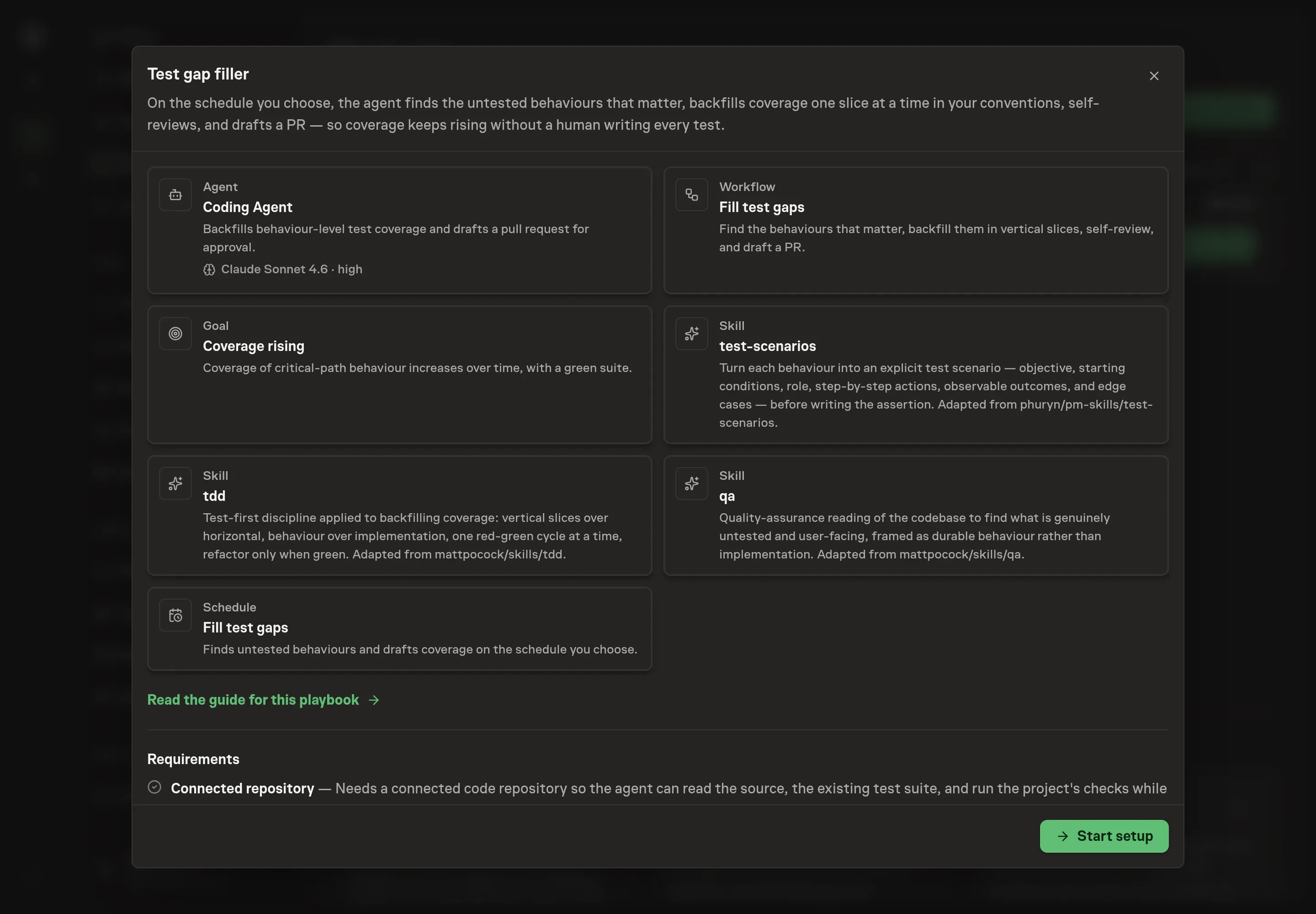 The Test gap filler preview listing the coding agent, workflow, coverage goal, skills, and schedule, with a Start setup button