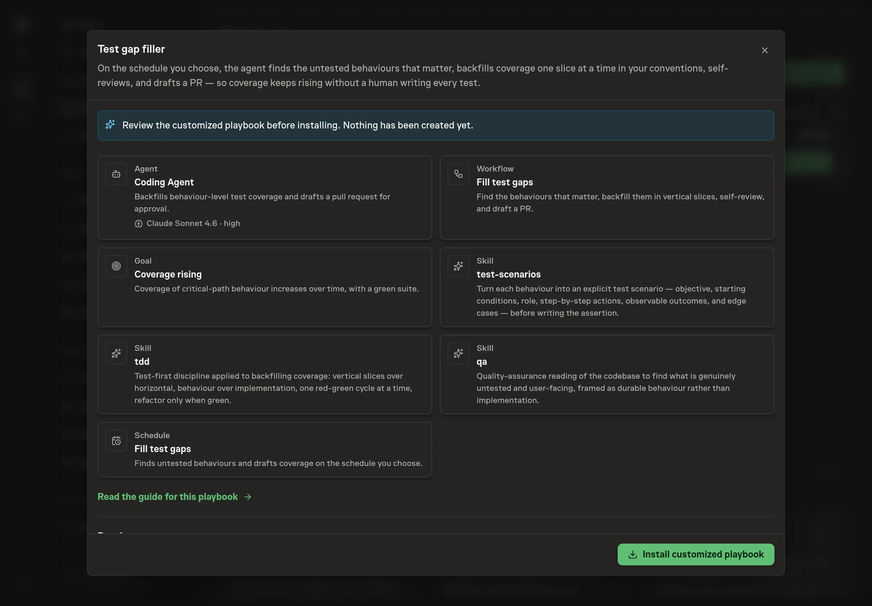 The review step showing the customized coding agent, test-gap workflow, coverage goal, skills, and schedule before installation