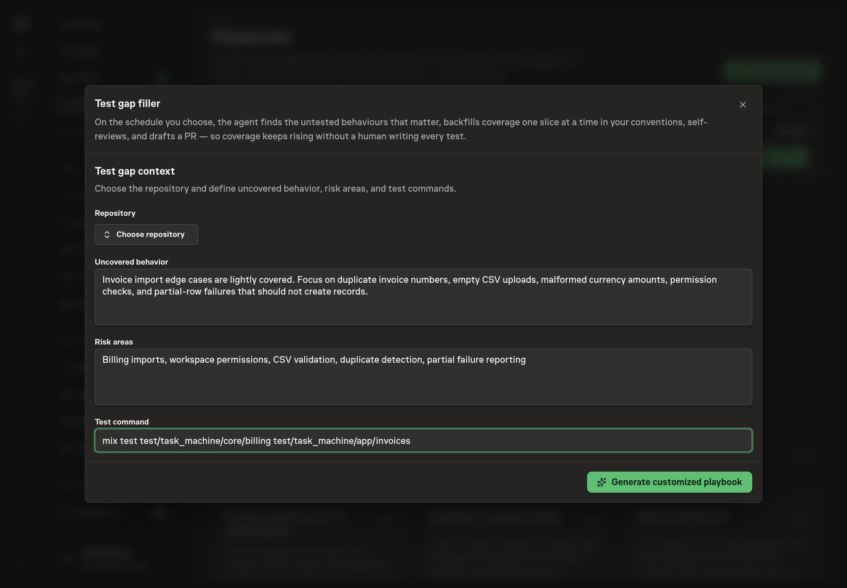 The setup form filled in with uncovered behavior, risk areas, and a test command for Northwind Studio