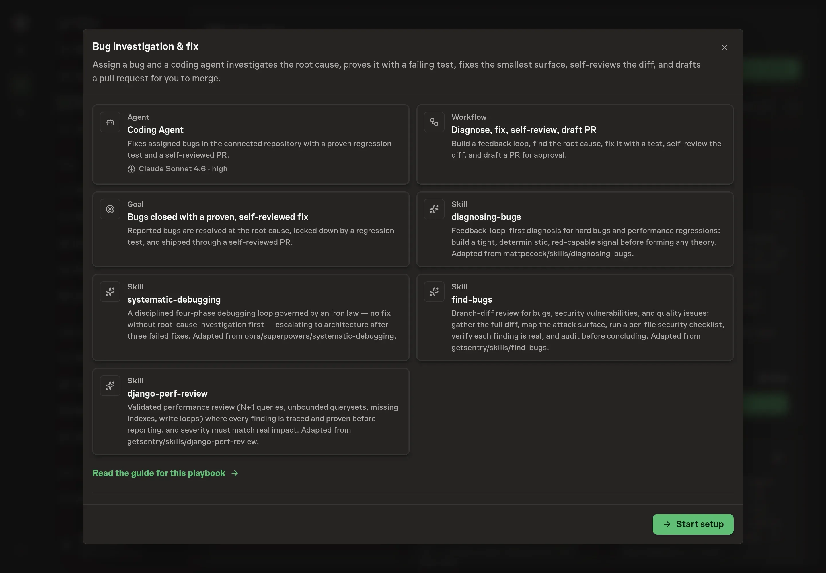 The Bug investigation & fix preview listing the Coding Agent, the diagnose-fix-review workflow, the goal, and the four debugging skills, with a Start setup button