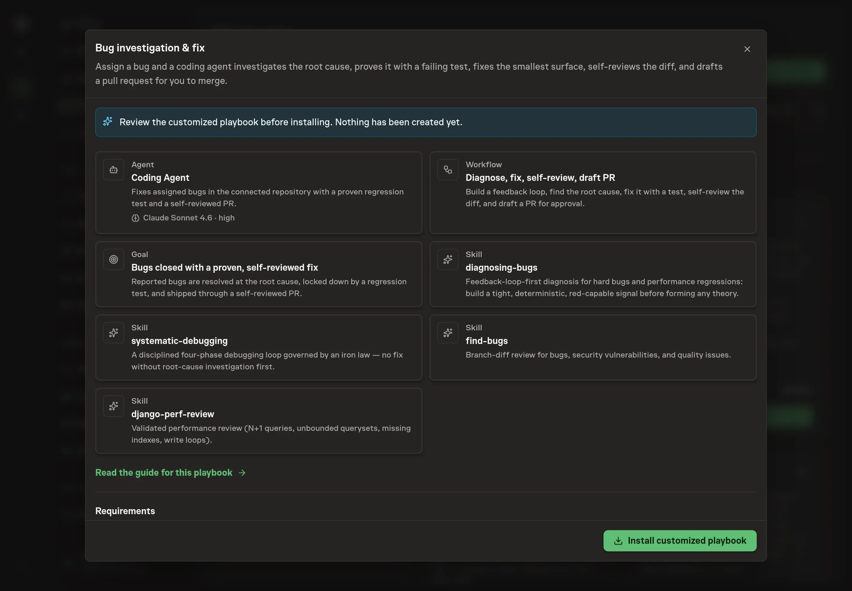 The review step showing the customized Coding Agent, workflow, goal, and four skills, with a banner confirming nothing has been created yet