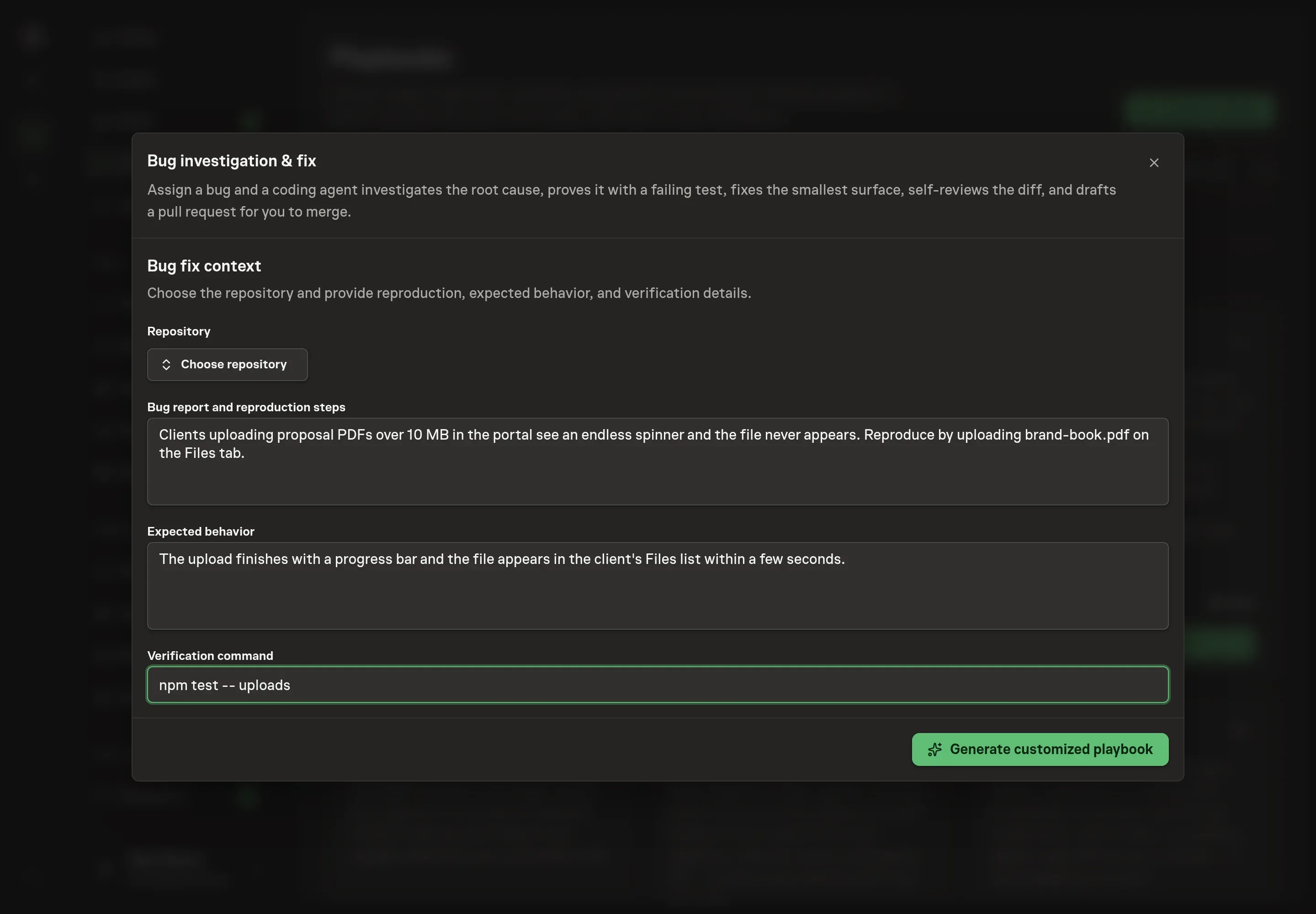 The setup form filled in with a chosen repository, a bug report with reproduction steps, the expected behavior, and a verification command