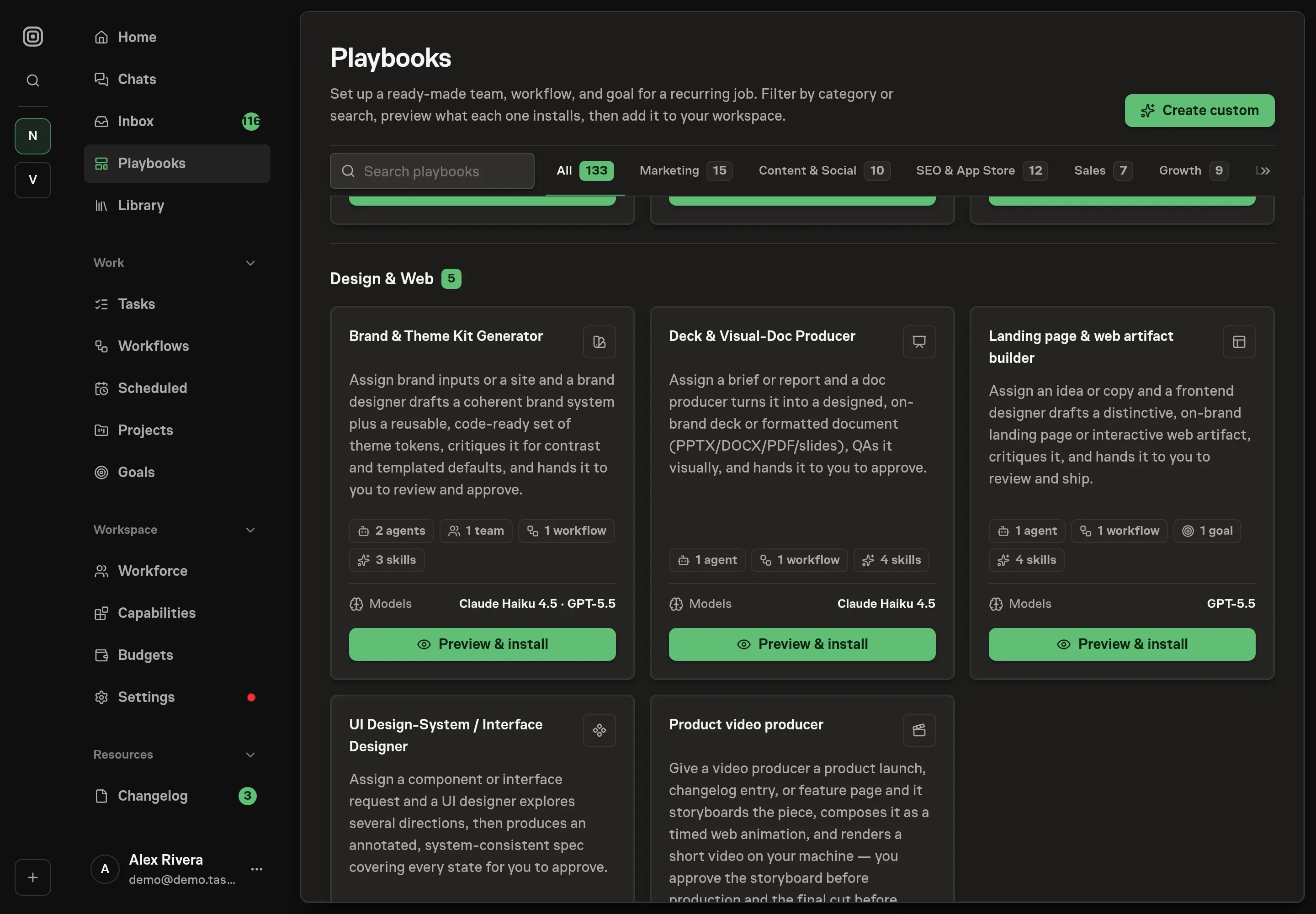 The playbook gallery with the Brand & Theme Kit Generator card in the Design category, listing two agents, one team, three skills, and one workflow