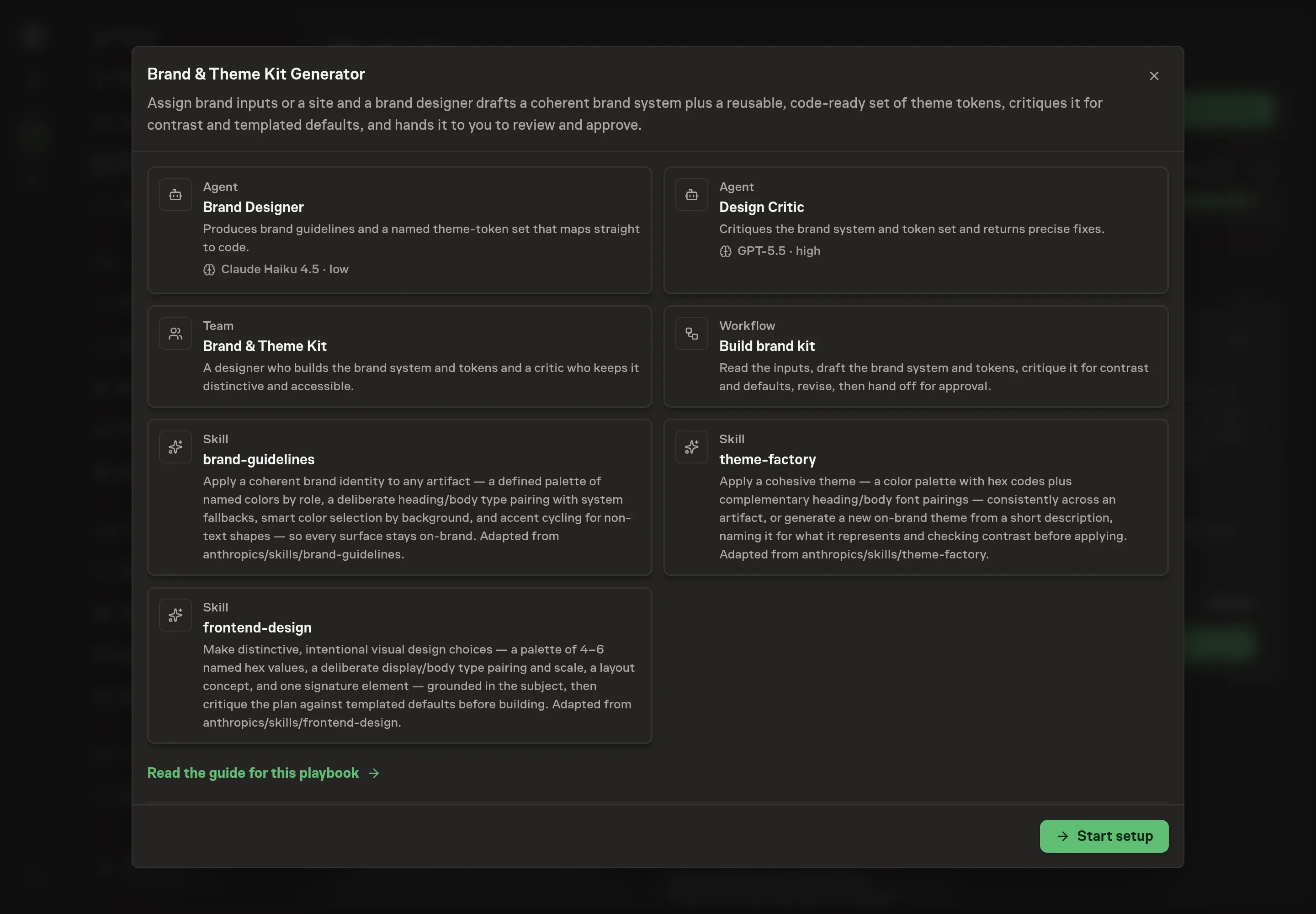 The Brand & Theme Kit Generator preview listing both agents, the team, all three skills, and the Build brand kit workflow, with a Start setup button