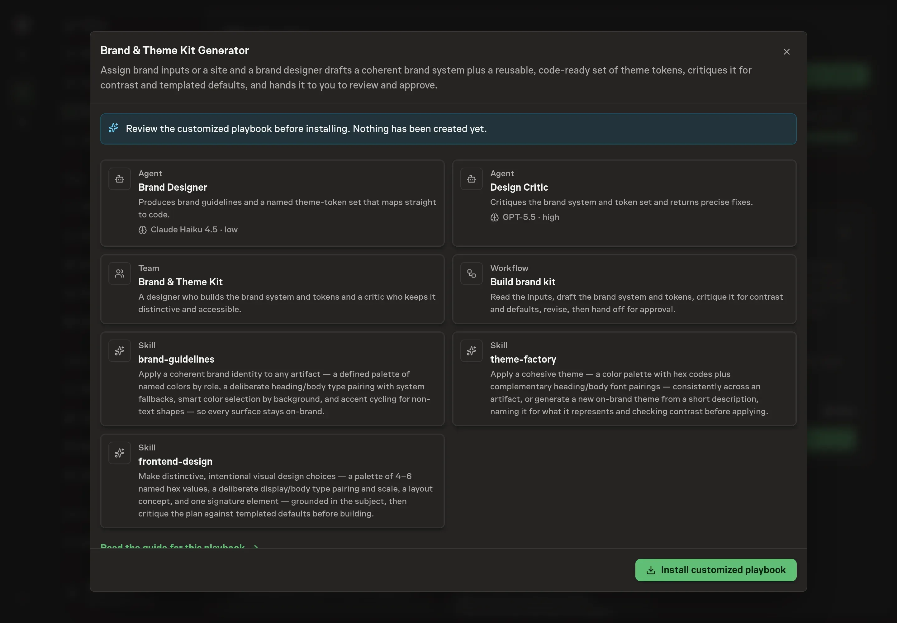 The review step showing the customized Brand Designer and Design Critic, the team, the three skills, and the Build brand kit workflow, with a banner confirming nothing has been created yet