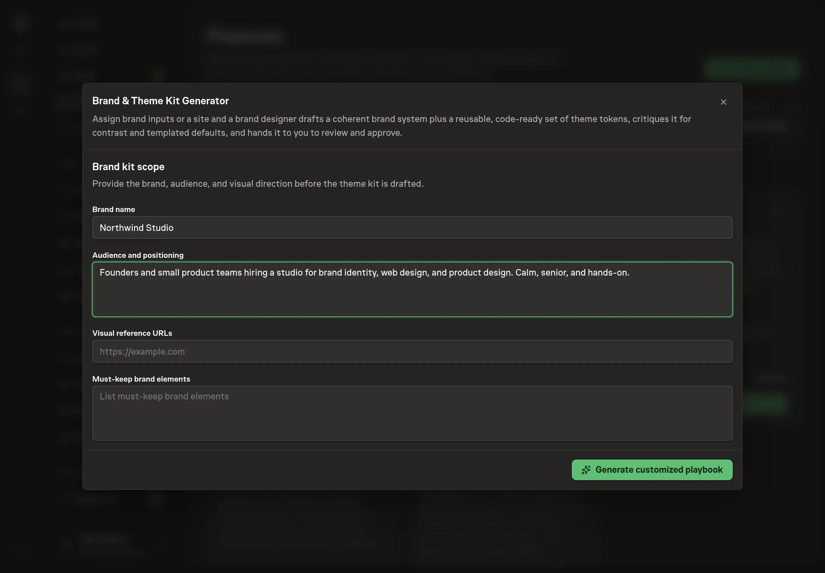 The setup form filled in for a design studio: brand name, audience and positioning notes, two visual reference URLs, and two must-keep brand elements