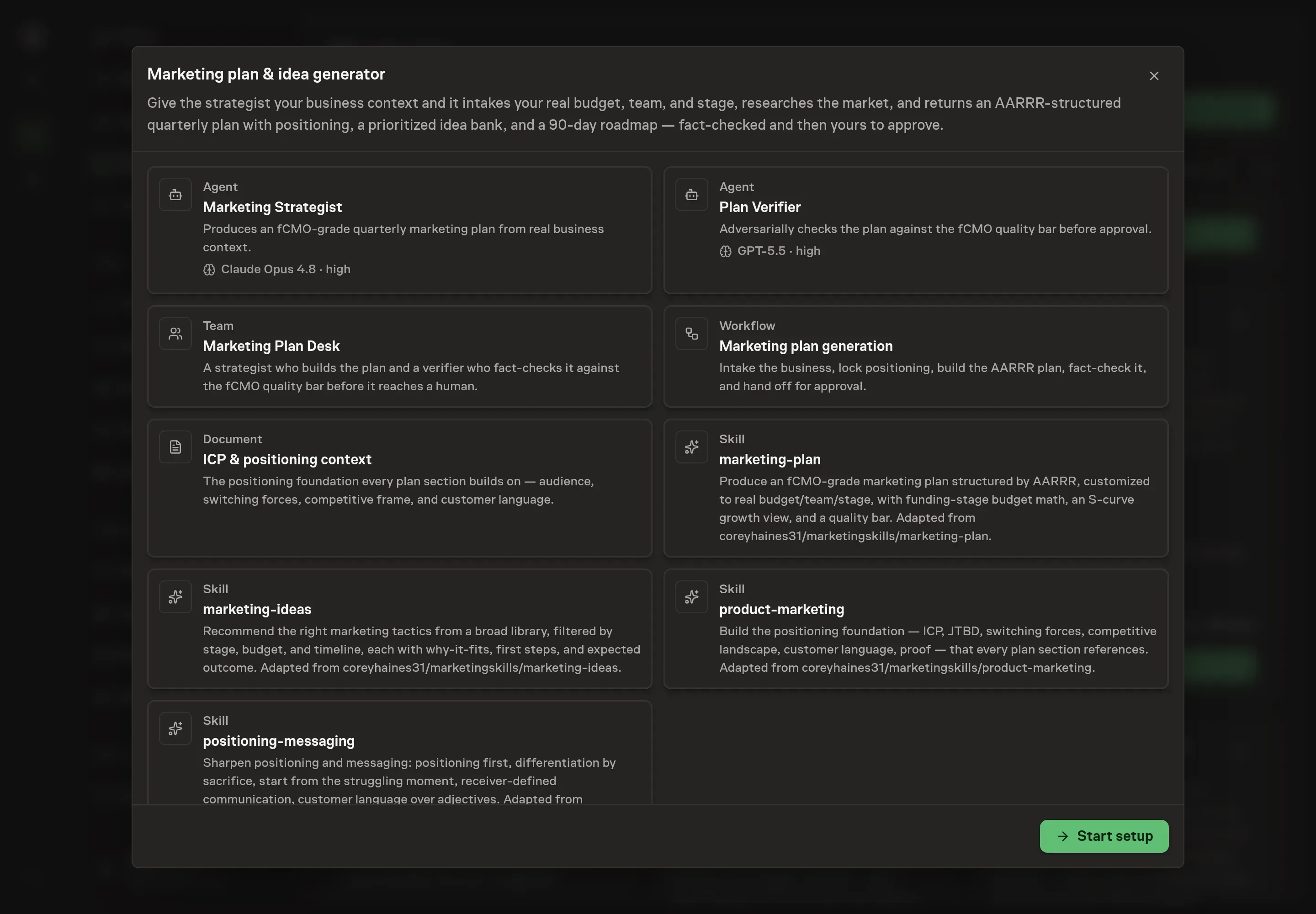 The Marketing plan and idea generator preview showing the strategist, verifier, plan workflow, ICP and positioning document, team, and skills, with a Start setup button